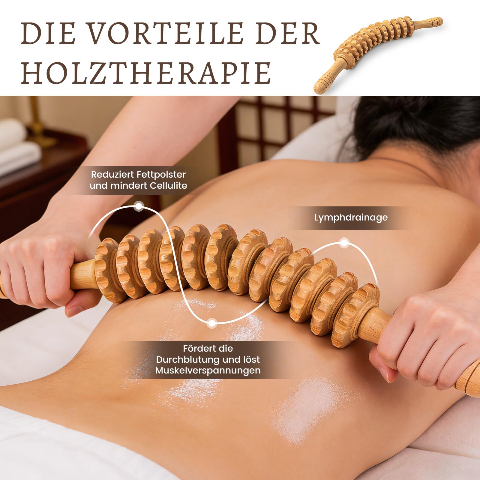 Faszienstab Holz aus Buchenholz für Muskelentspannung, Körperformung, Gua Sha Massage, Faszienrolle Holz Massagegerät Mit Griff, Anti Cellulite, Massageroller Beine, mit Baumwolltasche