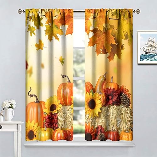 Miniatura 4 de Cortinas rústicas de calabazas de otoño, girasoles de otoño, cosecha de Acción de Gracias, granja, romántica, otoño, dormitorio, sala de estar,