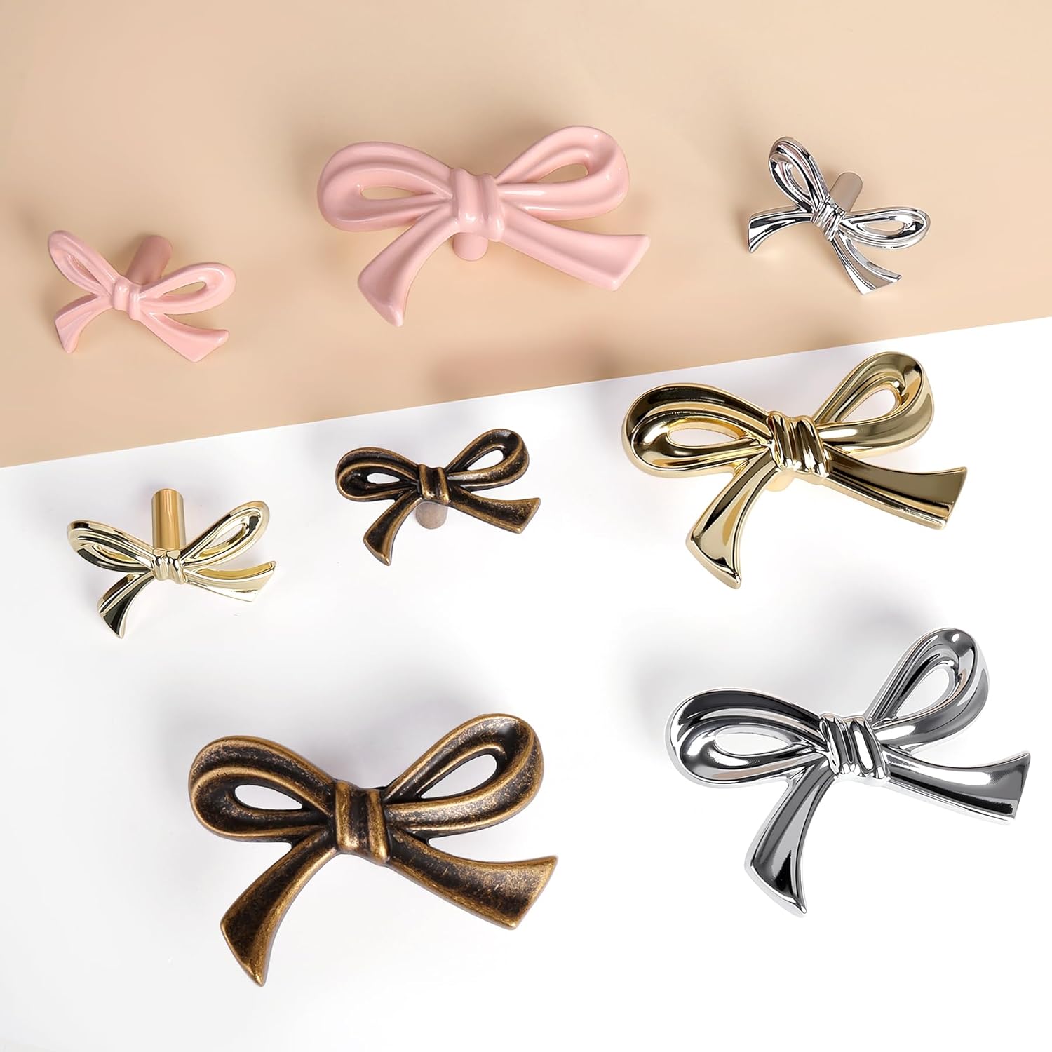 8 Pack Pink Bow Dresser Knobs, Large Decorative Cabinet Drawer Pull Handles for Girls Bedroom and Nursery Room Decor