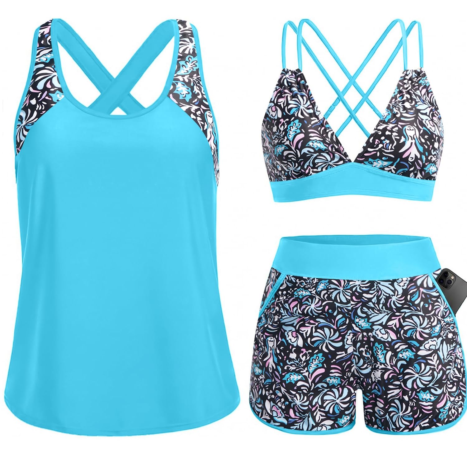 Photo 1 of Daci 3 Piece Tankini Swimsuit Set - Blue/Black Floral, L