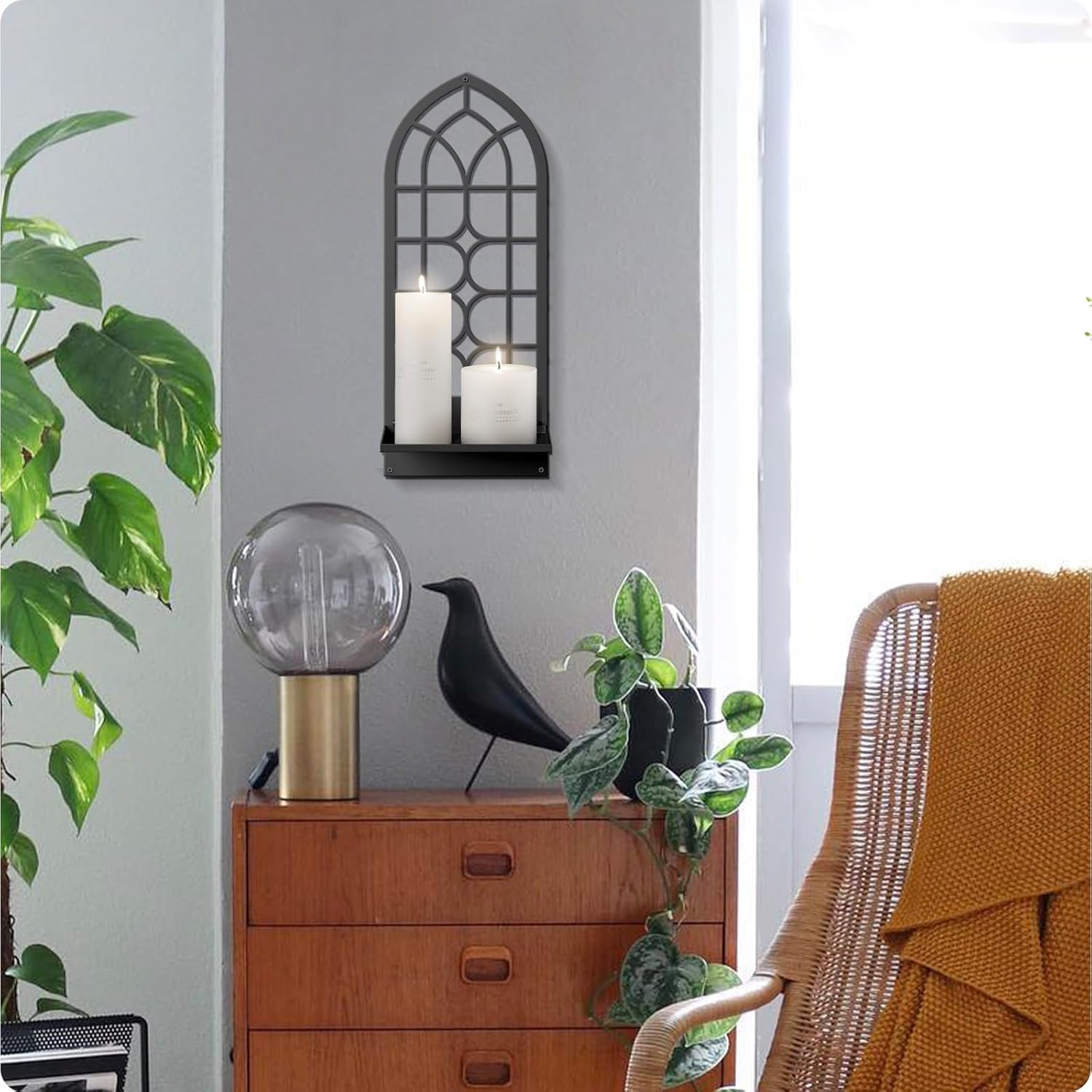 Wall Sconces Candle, Black Metal Wall Art Decor, Retro Line Wall Candle Holder for Living Room, Dining Room, Bedroom, Bathroom (16.5 x 7 in)