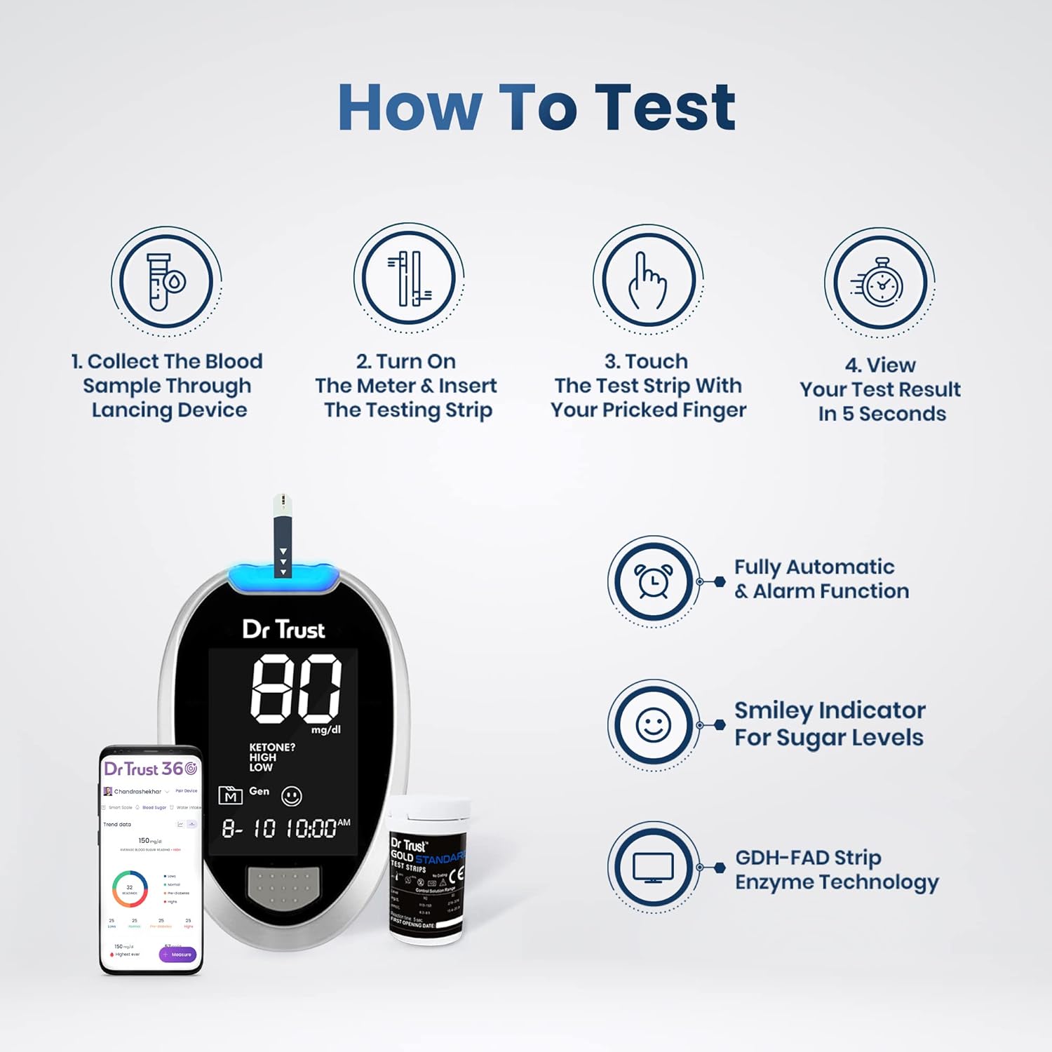 Dr Trust USA Gold Standard Blood Glucose Test Strips Plus Lancets - 50 Strips (Black) Dr Trust USA Gold Standard Blood Glucose Test Strips Plus Lancets - 50 Strips (Black)
