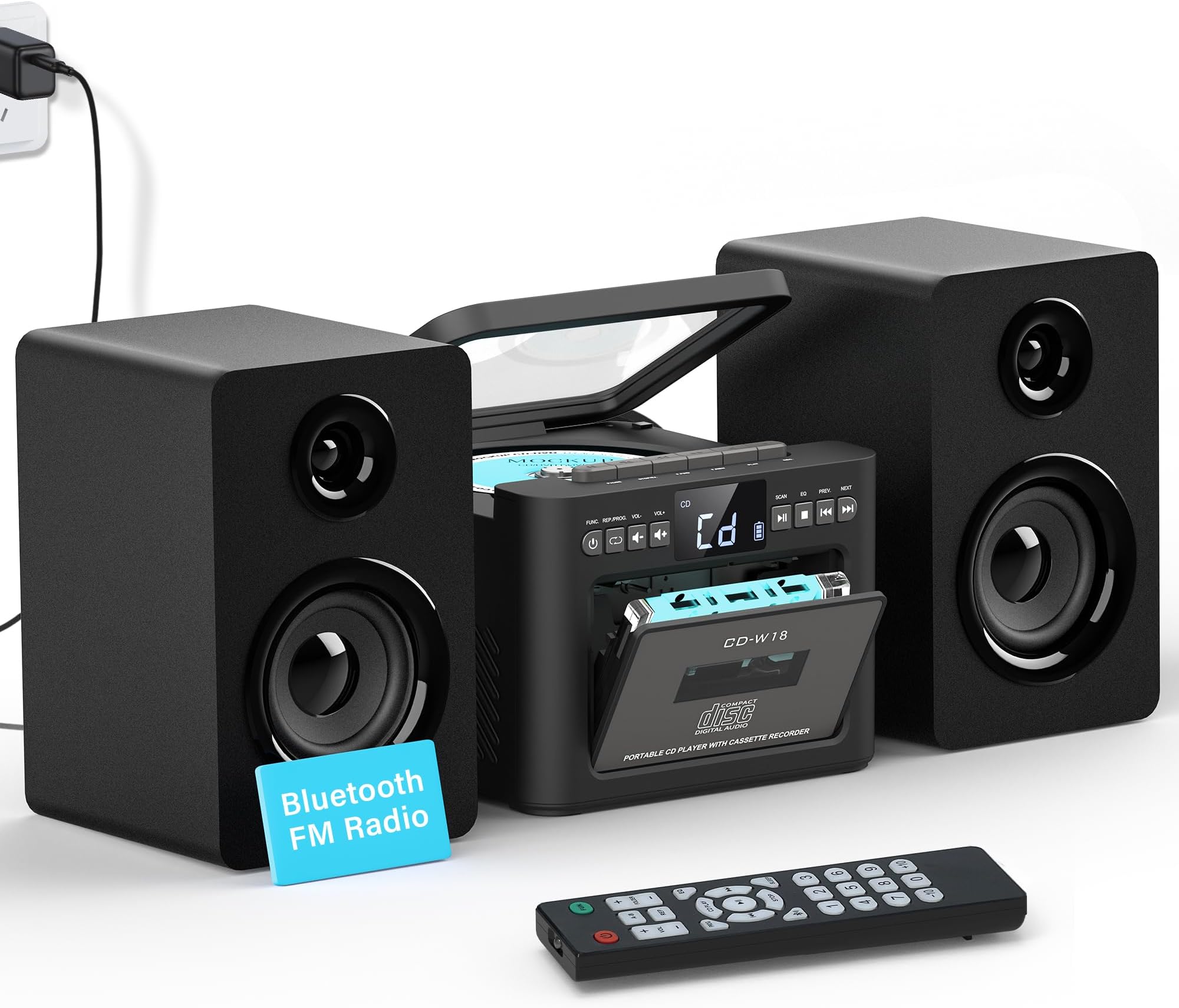 Greadio Home Stereo System with Boombox CD Player and Cassette player, 40W Bookshelf Speakers with Bluetooth, FM Radio/USB/TF/AUX/Remote Control, Hi Fi Music System (Black)