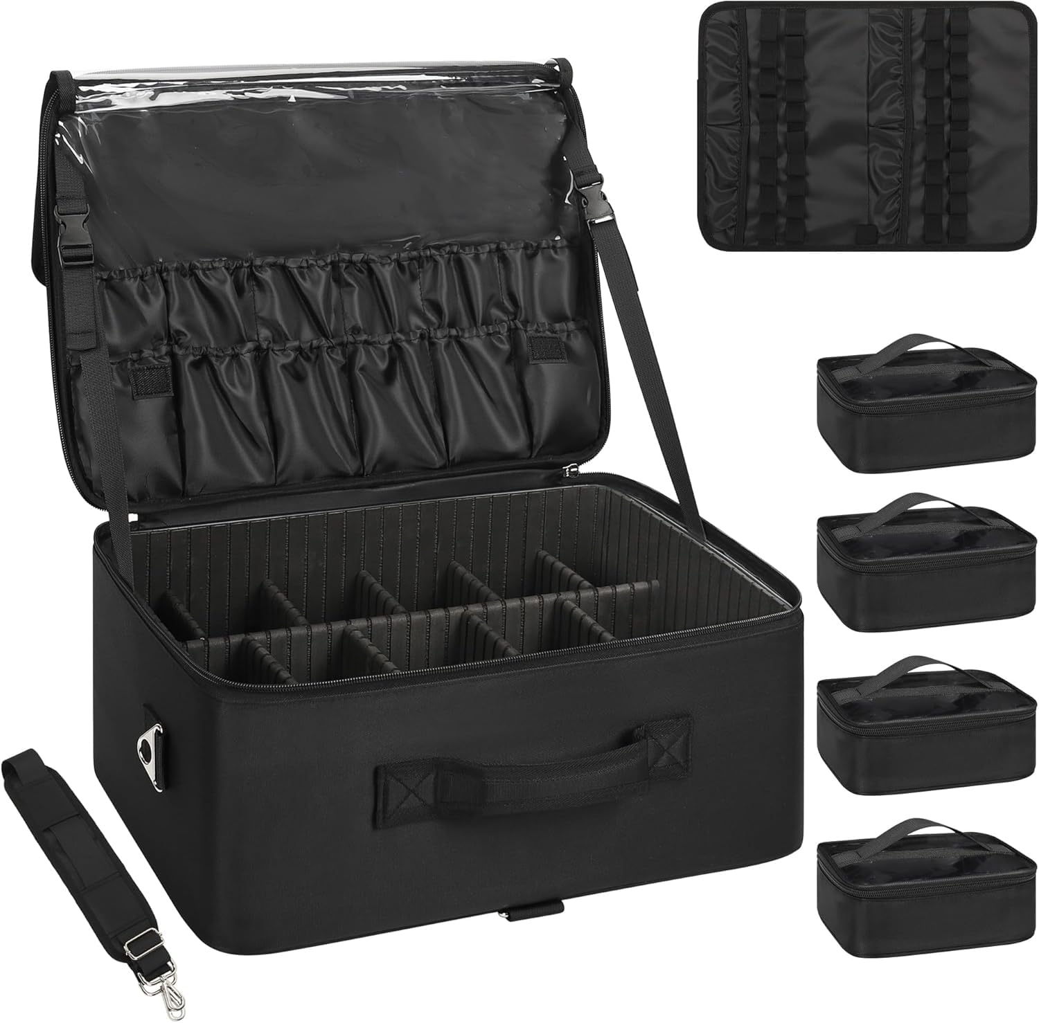 Relavel Valigetta da trucco XXL, organizer professionale con portapennelli, 4 tasche trasparenti, piastra rossetto, tracolla e scomparti regolabili per trucchi