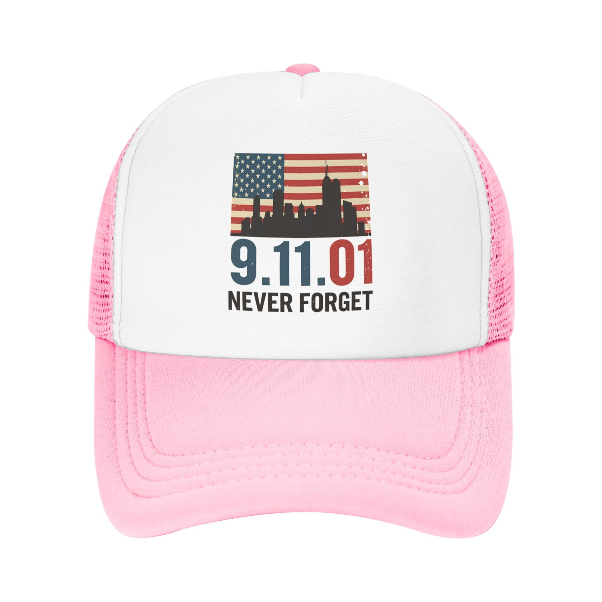 Vetrova Never Forget 911 Trucker Hat 911 Anniversary Memorial American Patriotic Day Baseball Cap Mesh Back Adjustable Hats for Kids - Pink