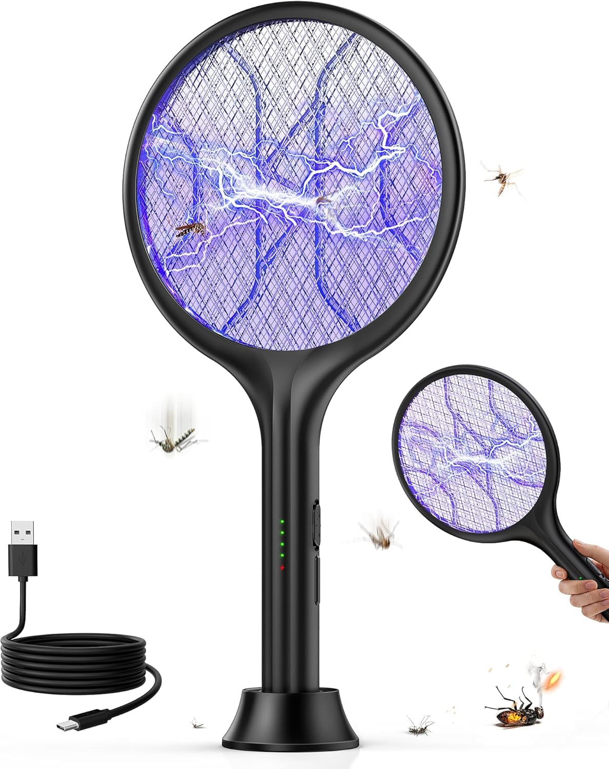 VIWAVE Elektrische Fliegenklatsche Extra Stark 4000V, 2-in-1 Elektrische Mückenklatsche mit UV-Licht & Standfuß, 1800mAh Akku Wiederaufladbar USB-C, 3-lagiges Sicherheitsnetz, Schwarz