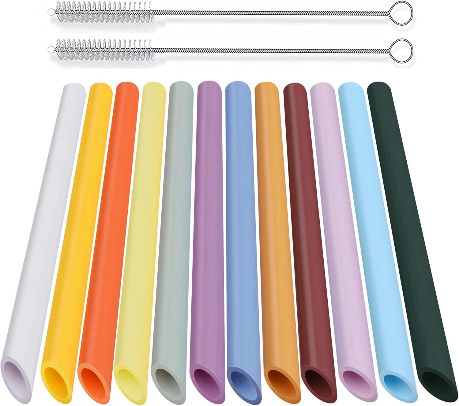 ALINK 12-Pack Reusable Plastic Boba Straws, 13 mm x 10.5 inch Long Wide Macaron Color Smoothie Straws for Bubble Tea, Tapioca Pearls, Milkshakes with 2 Cleaning Brush - Pointed Design