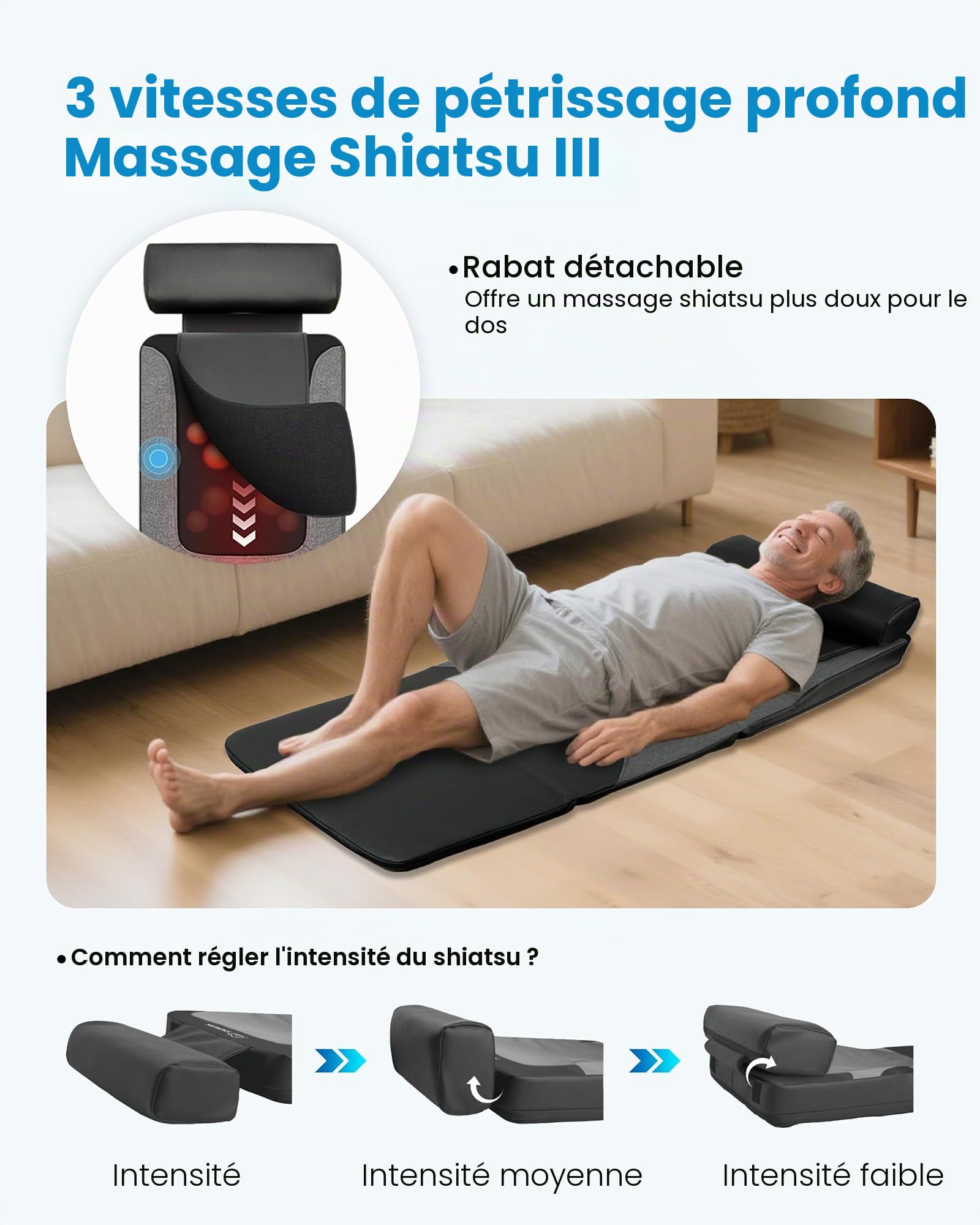 COMFIER Tapis de massage avec fonction chaleur, massage shiatsu du dos, pétrissage profond et vibration, pour chaise, canapé et lit, cadeau pour maman et papa