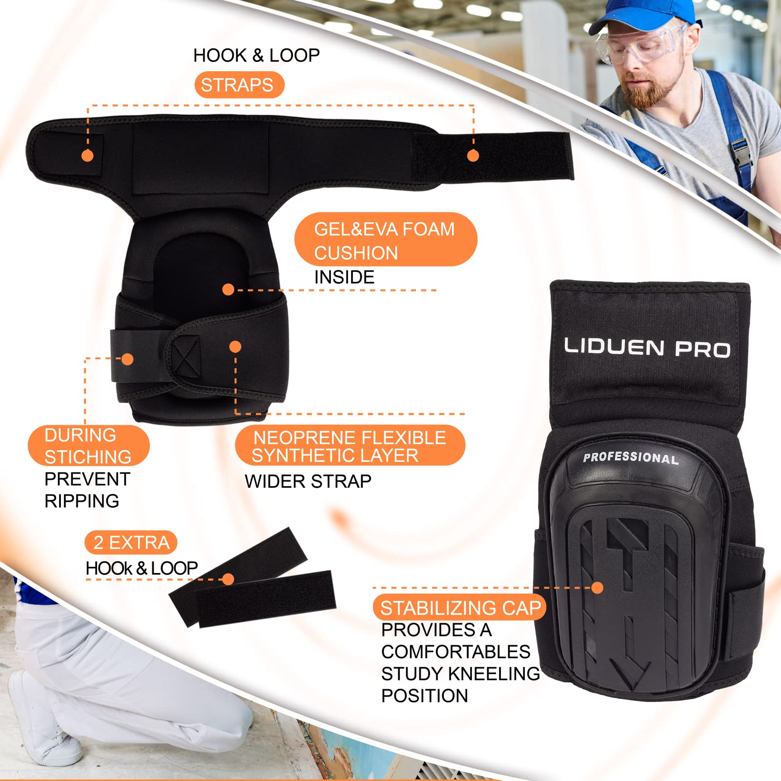 Knee Pads for Work- Heavy Duty Gel Knee Pads with High Density Foam Padding and Strong Stretchable Straps for Construction, Flooring Gardening, Cleaning and Garage