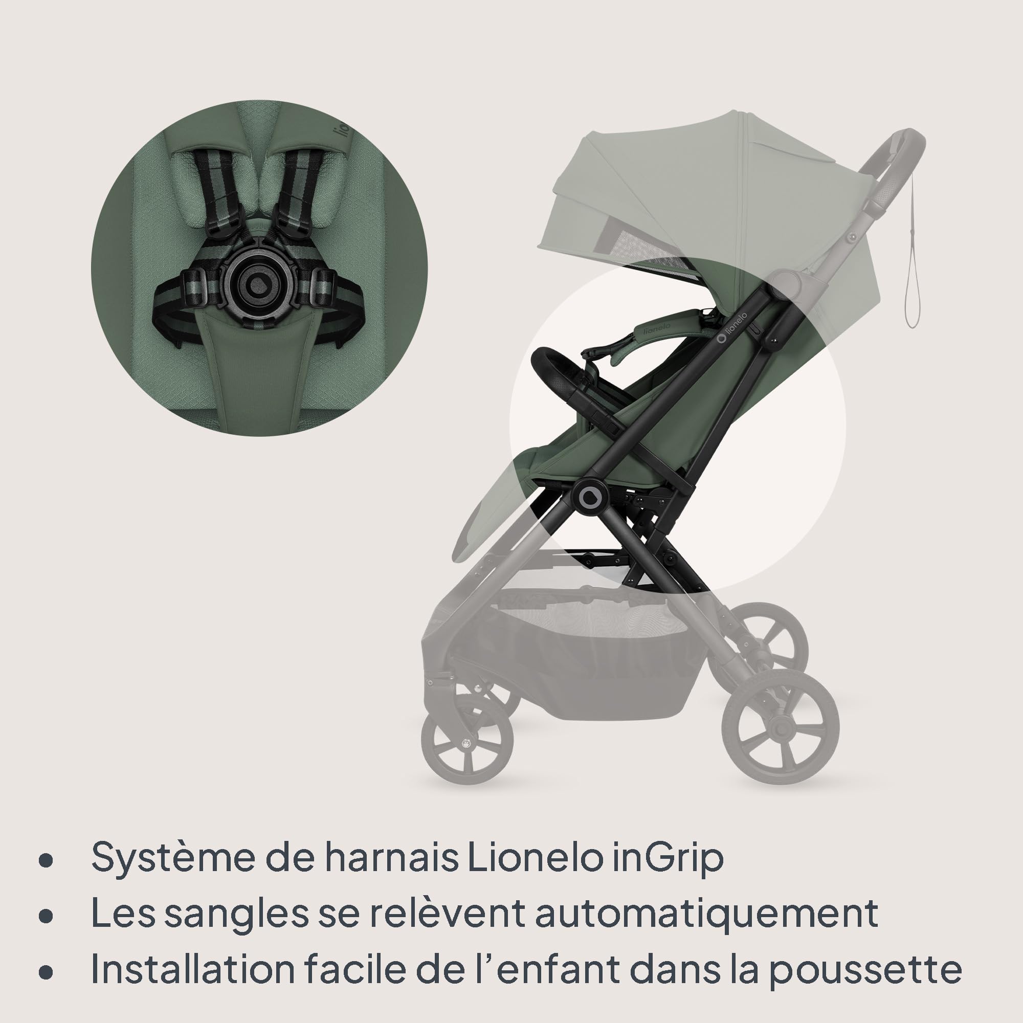 Lionelo Tansi Poussette Canne Compacte Légère jusqu’à 22 kg Pliage une Main Rapide, Suspension et Roues GravelTech, Dossier 3 Positions, Grand Panier 3 kg, Capote Pare-Soleil UPF50+ (Vert)