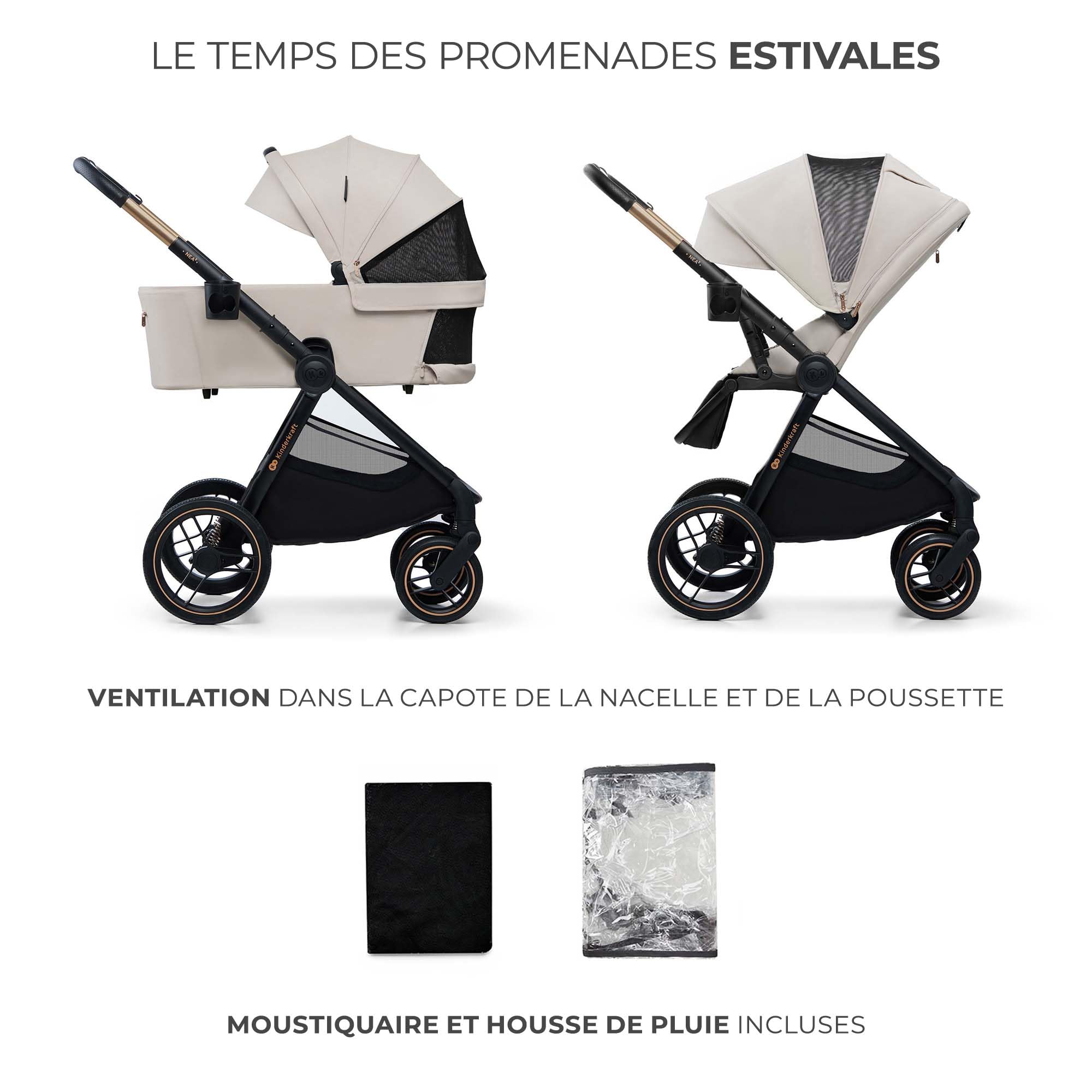 Kinderkraft NEA 2, Poussette de la naissance à 22 kg, Pliage d'une seule main, Position allongée, Grande capote, 4 roues amortissantes, Filtre UPF 50+, Panier jusqu'à 5 kg, Beige