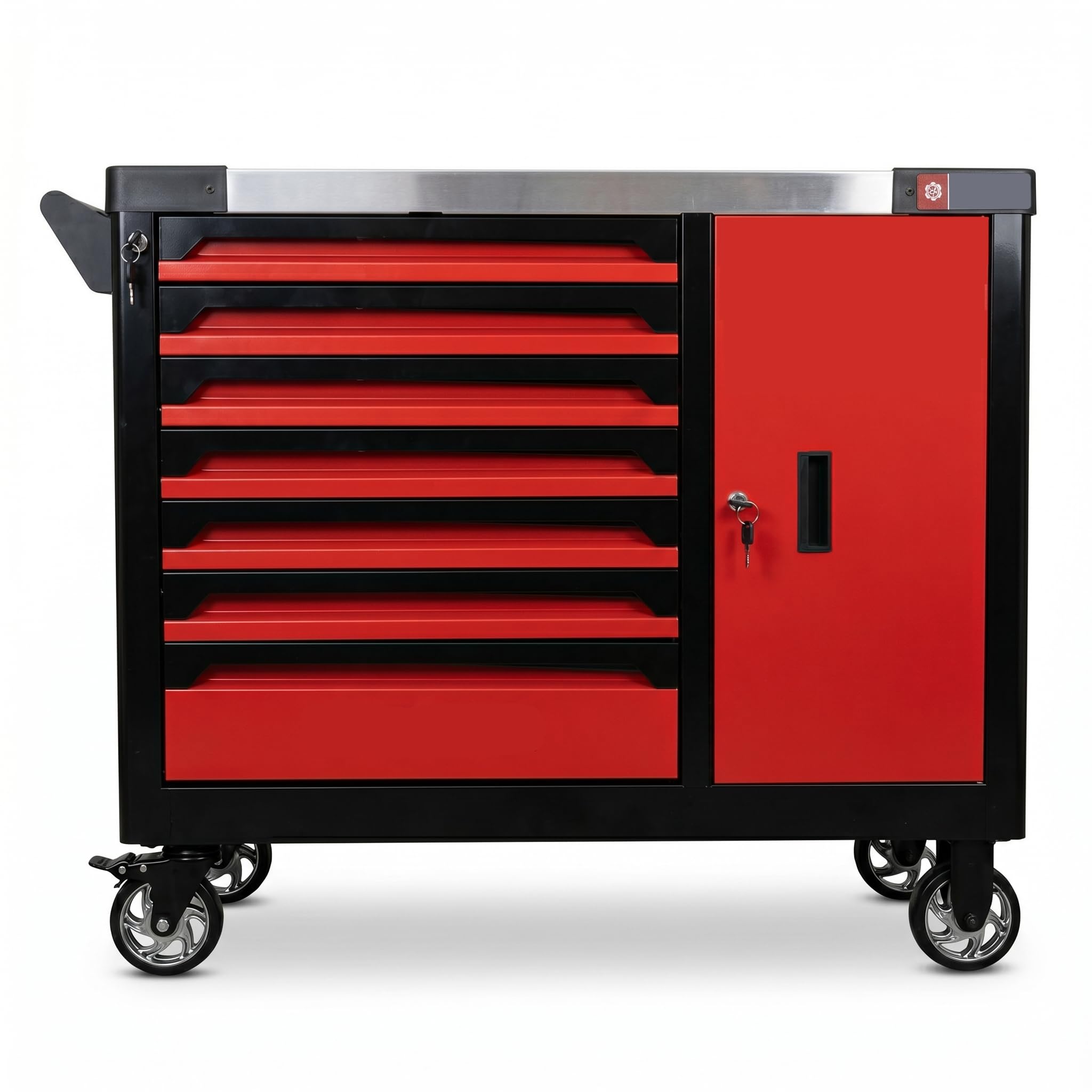 GrecoShop Carrello XXL Attrezzi Professionale Completo 7 Cassetti + 1 Armadietto, Utensili Inclusi, Chiusura a Chiave, Organizer, Ruote, Struttura Rinforzata, Carbon Look, Ideale per Garage Officina