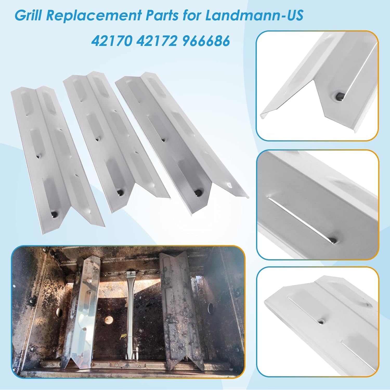 Grill Replacement Parts Kits for Landmann-US 3 Burner 42170 42172 966686, Stainless Steel Heat Plates and Burners landmann grill replacement parts