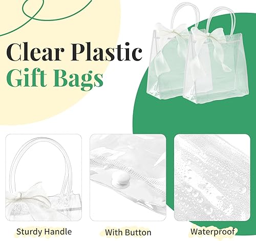 Miniatura 4 de CLUEWR Paquete de 16 bolsas de regalo transparentes con asa, bolsas reutilizables de plástico PVC para regalo con cinta, bolsas de regalos de