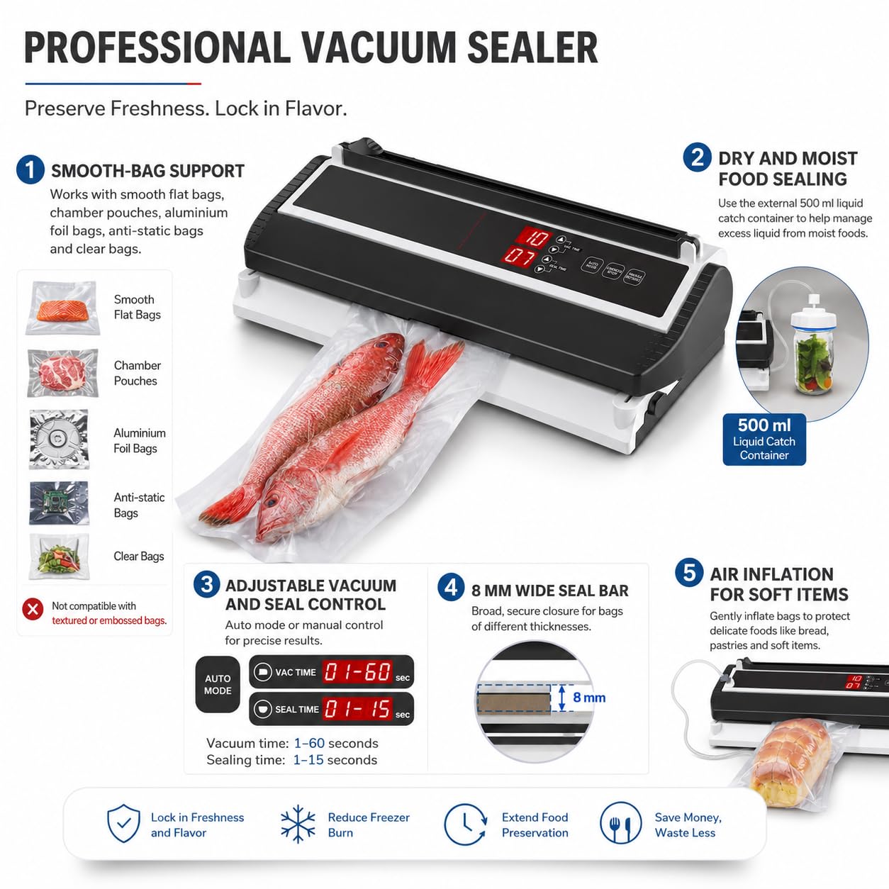 Sellador al vacío comercial de 250 W para alimentos secos y húmedos con control de succión