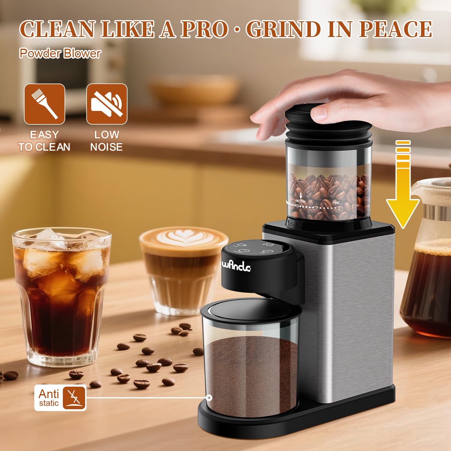 Macinacaffè Wancle Conico Elettrico con cono, Touchscreen, Timer Preciso, 25 Livelli di Macinatura, Antistatico, Acciaio Inox, Facile da Pulire