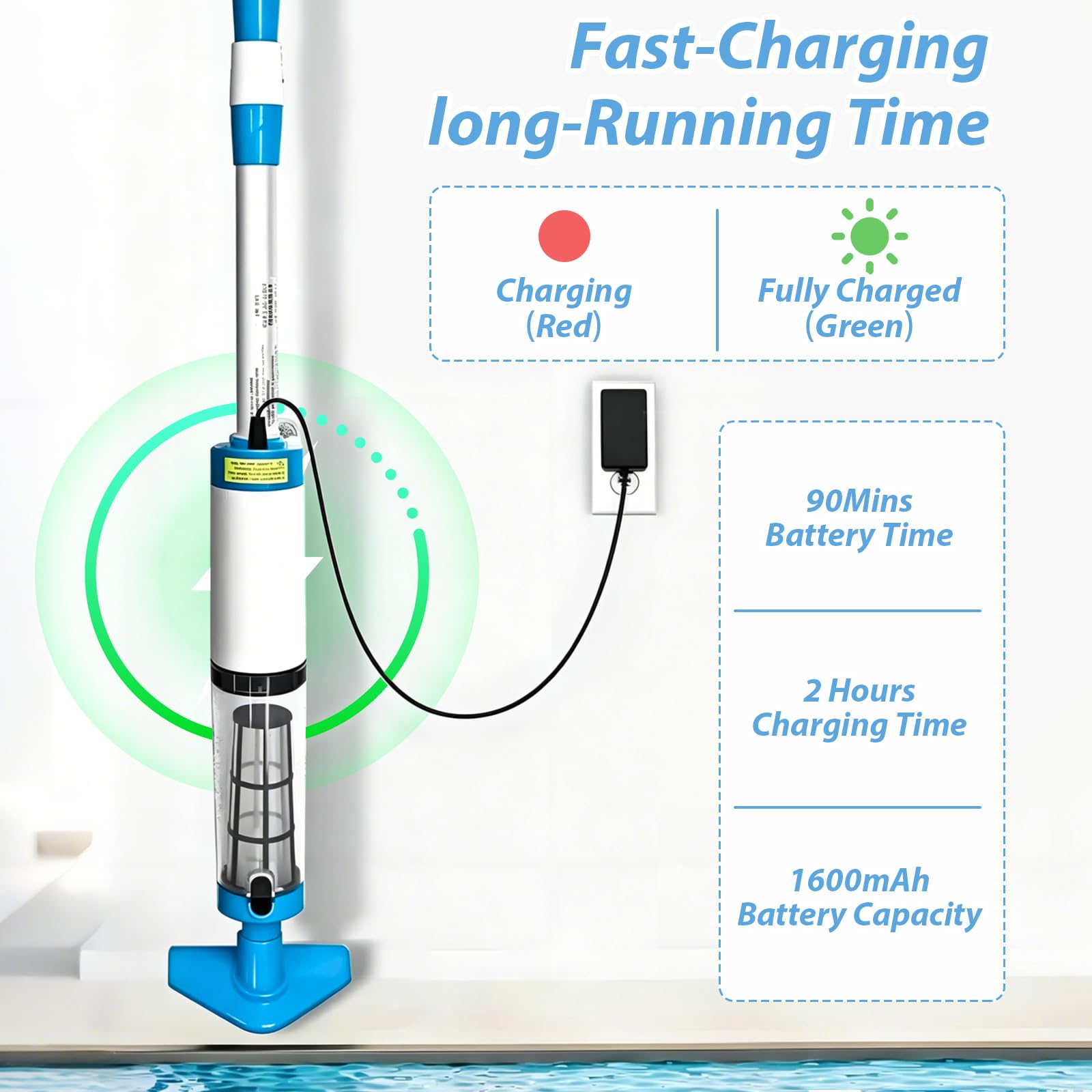 3 en 1 Pool Vacuum Cleaner Tragbarer Poolsauger akku Kabellos Handheld Vacuum Cleaner Pool Staubsauger mit Teleskopstange,90 Minuten Laufzeit mit Akku Poolreiniger für Kleine Pools,Spas
