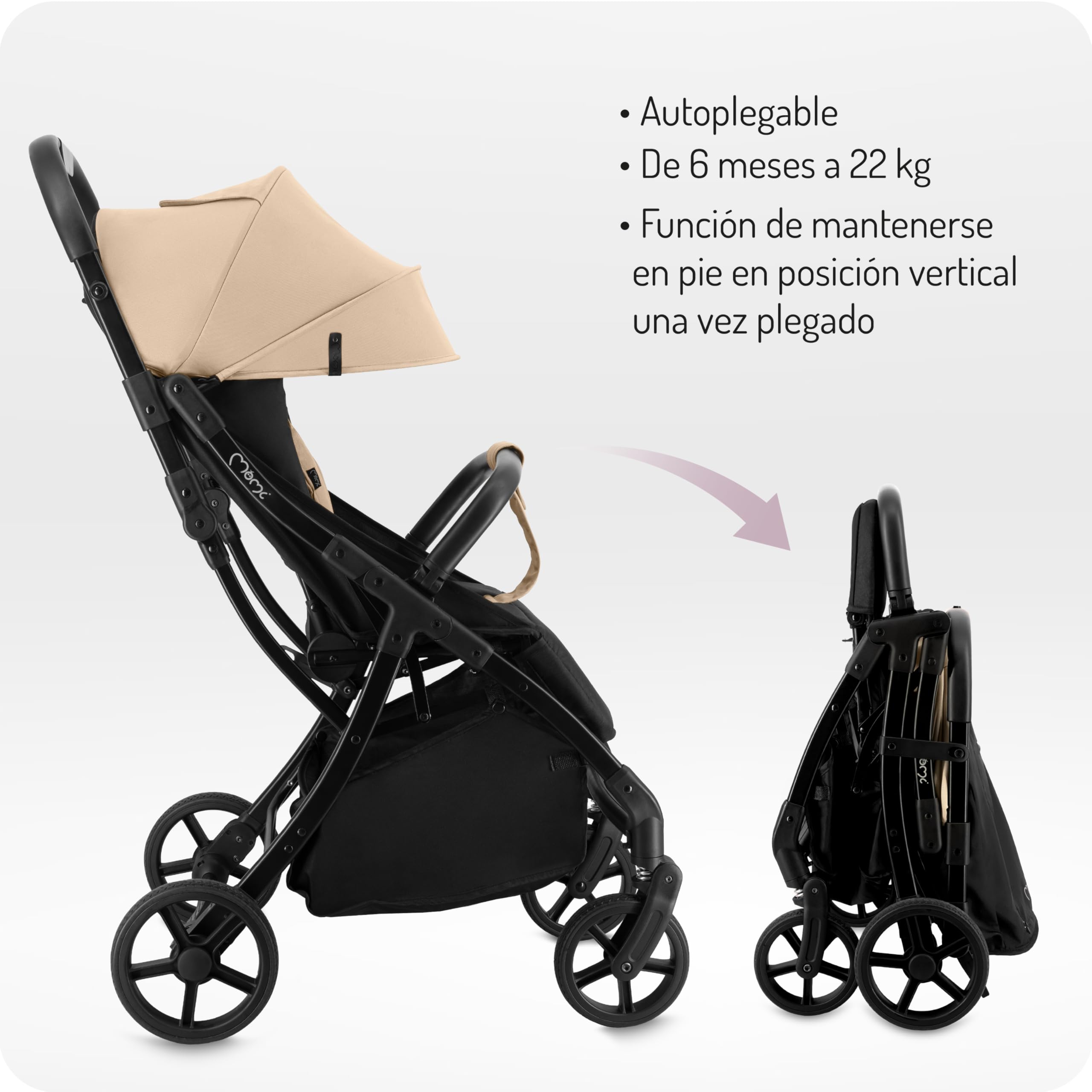 MoMi PAOLA Silla de Paseo Ligera y Compacta hasta 22 kg, Plegado Automático, Arnés de 5 Puntos, Ruedas con Suspensión, Cesta de Almacenamiento, Portavasos