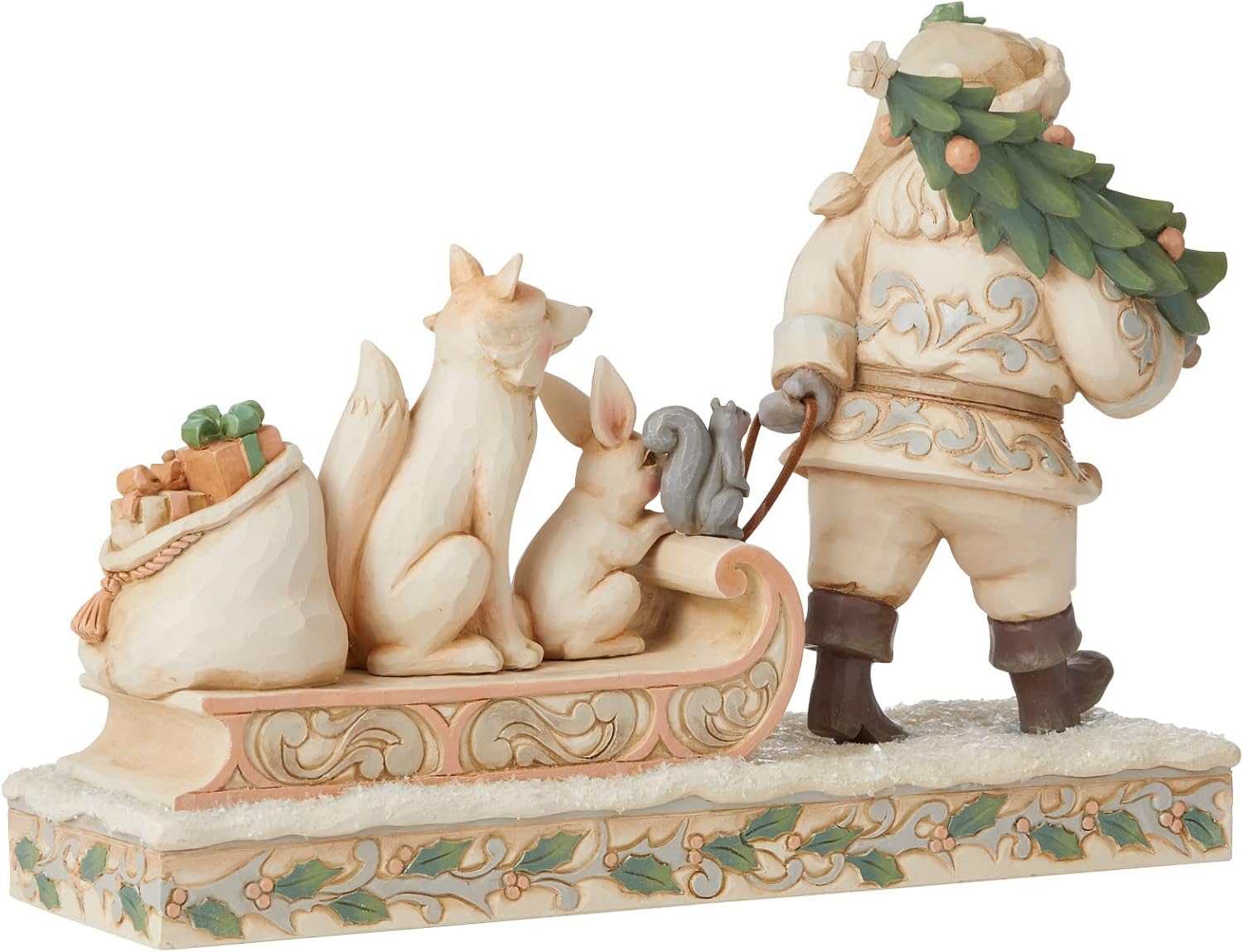 Enesco Jim Shore Heartwood Creek White Woodland Santa Pulling Animals on Sled Figurine, 6.89 Inch, Multicolor