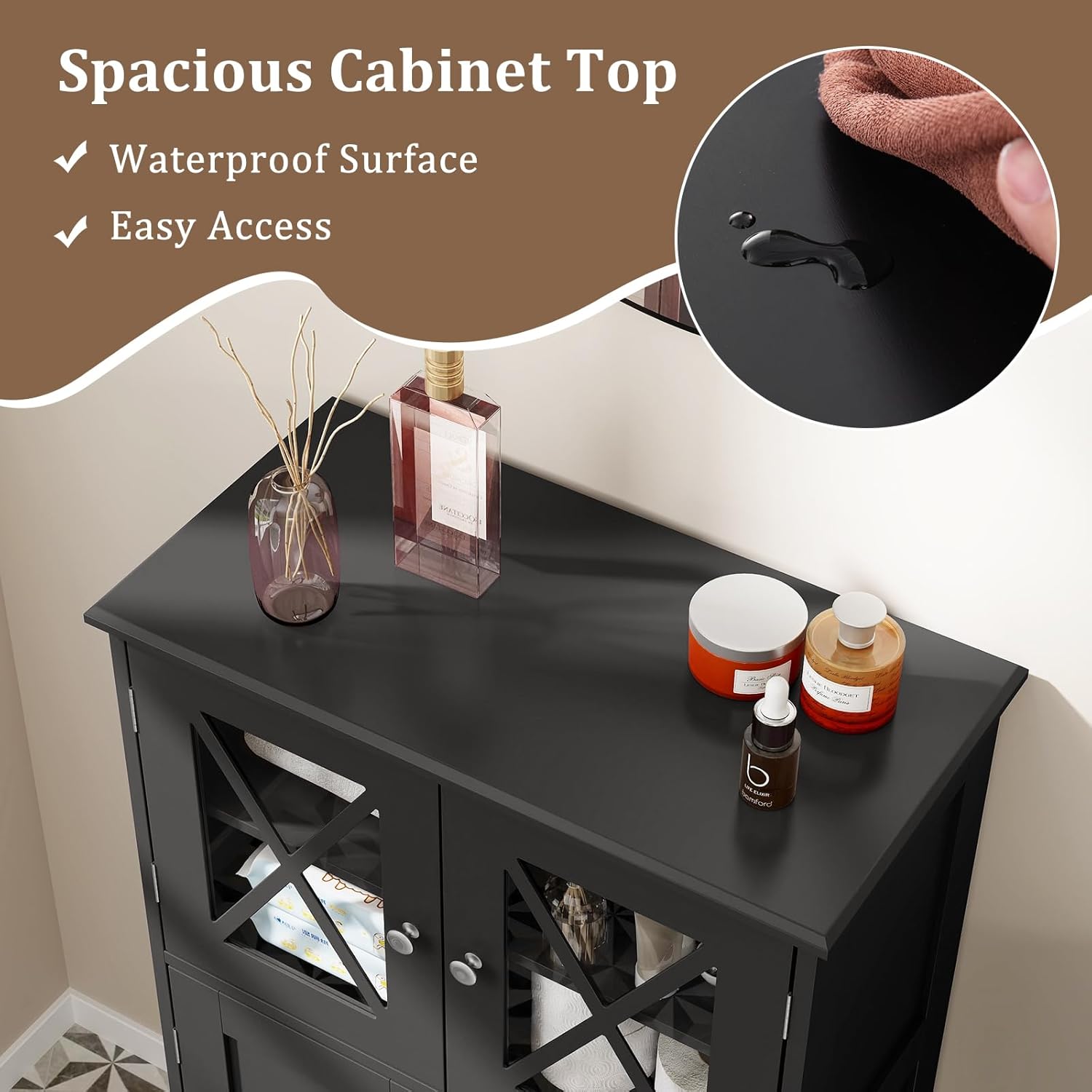 Black MDF Living Room Cabinet with Adjustable Shelving and Glass Doors