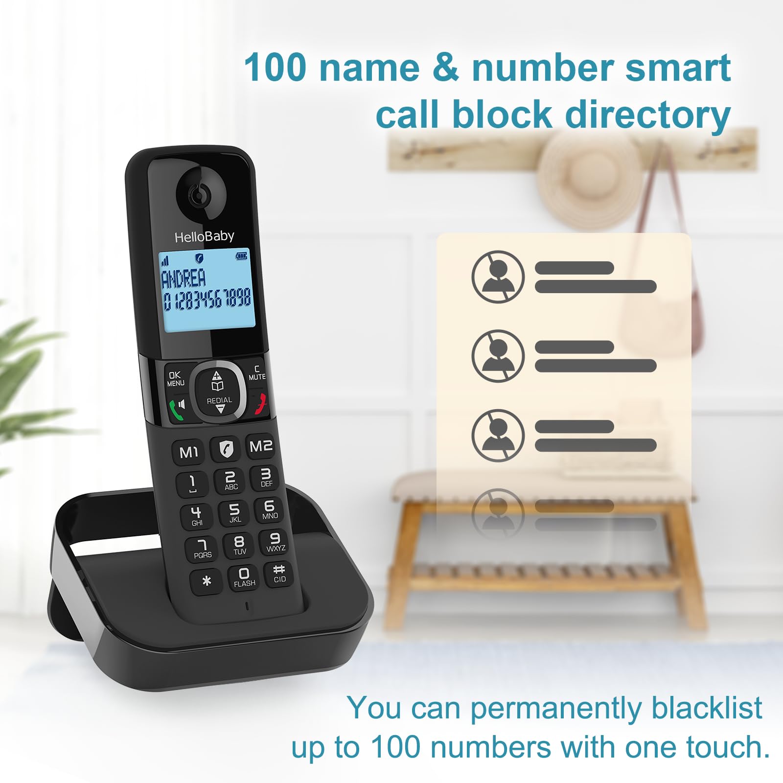 Hellobaby Cordless Phone with an illustration of a 100 name and number smart call block directory
