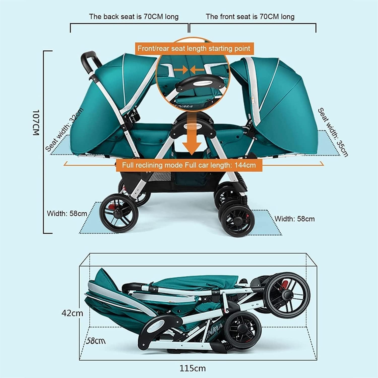 Poussette Double pour Jumeaux, Poussette Double pour Bébé, Poussette Double Compacte Et Confortable, Poussette Parapluie Tandem Pliable pour Filles Et Garçons., Green