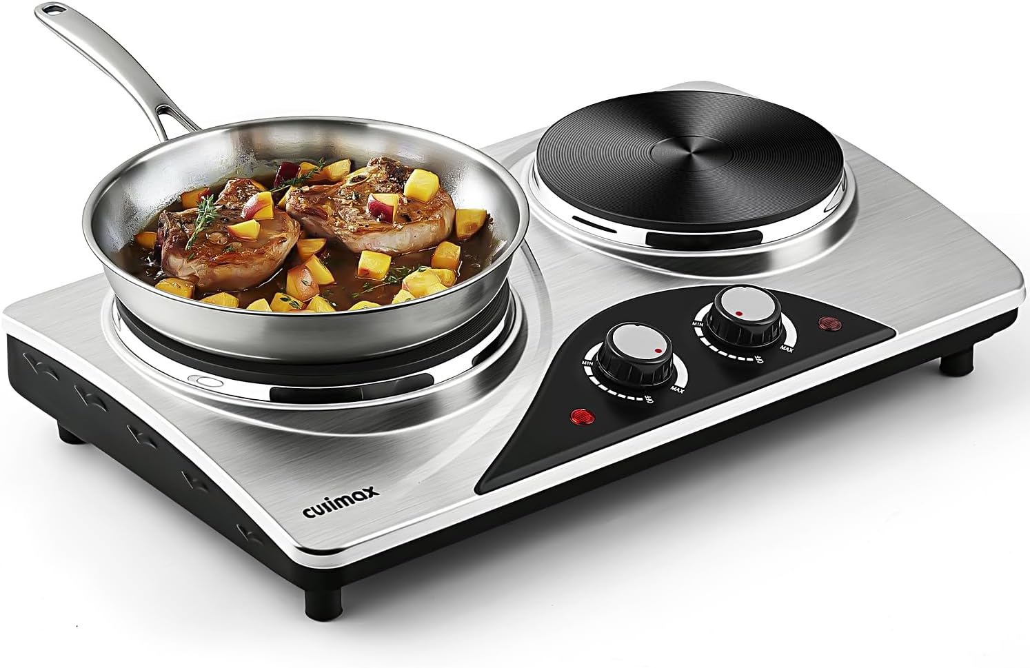 Double Burner, CUSIMAX Electric Hot Plate for Cooking, 1800 Watts Portable Countertop Burner, Cast Iron Hot Plates with Dual Adjustable Temperature, Easy to Clean, Sliver