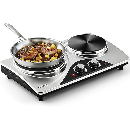 Double Burner, CUSIMAX Electric Hot Plate for Cooking, 1800 Watts Portable Countertop Burner, Cast Iron Hot Plates with Dual Adjustable Temperature, Easy to Clean, Sliver