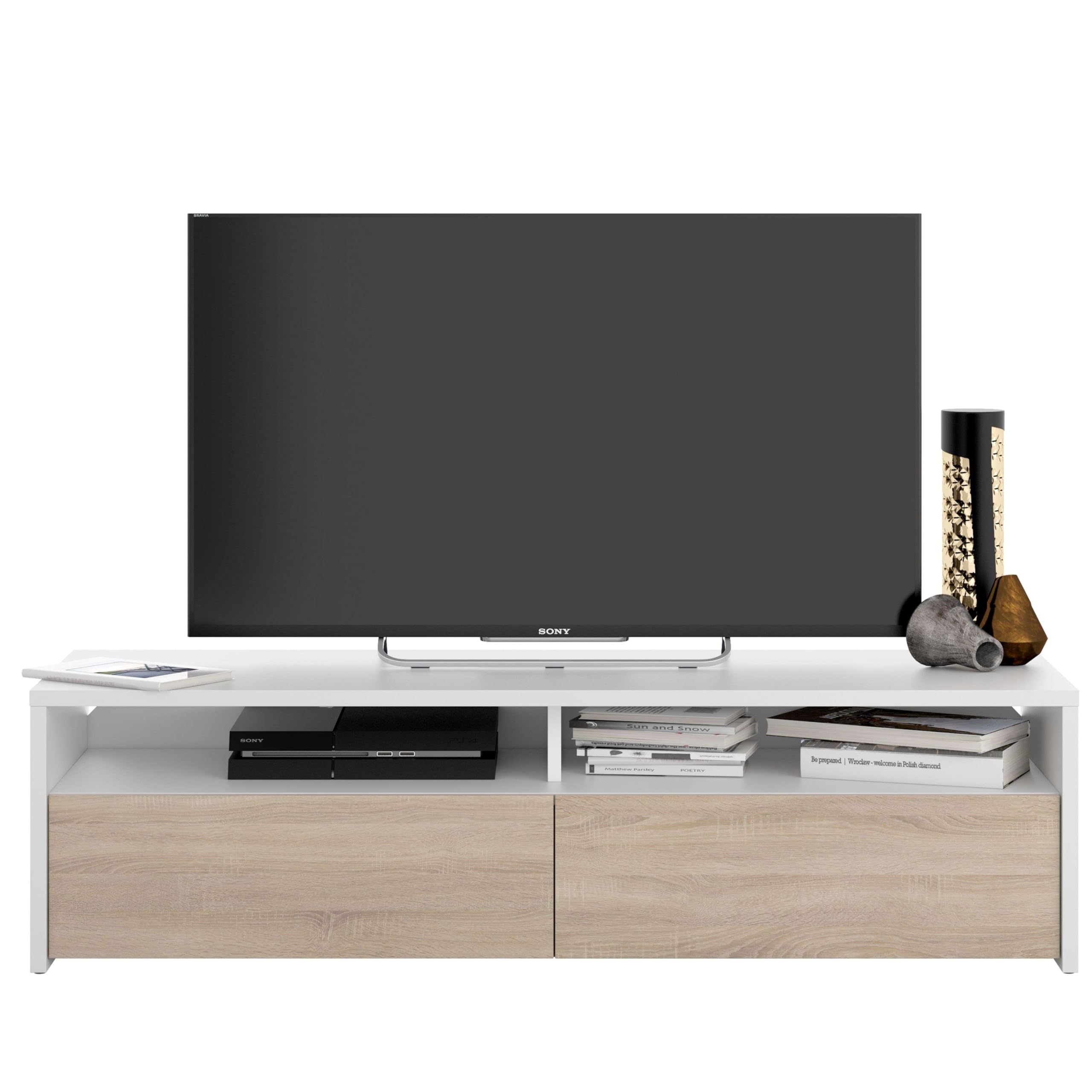 Habitdesign Mueble de Salon, modulo de Comedor Kioto, Acabado Color Blanco Artik y Roble Canadian, Medidas: 130 cm (Ancho) x 35,5 cm (Alto) x 40,2 cm (Fondo)