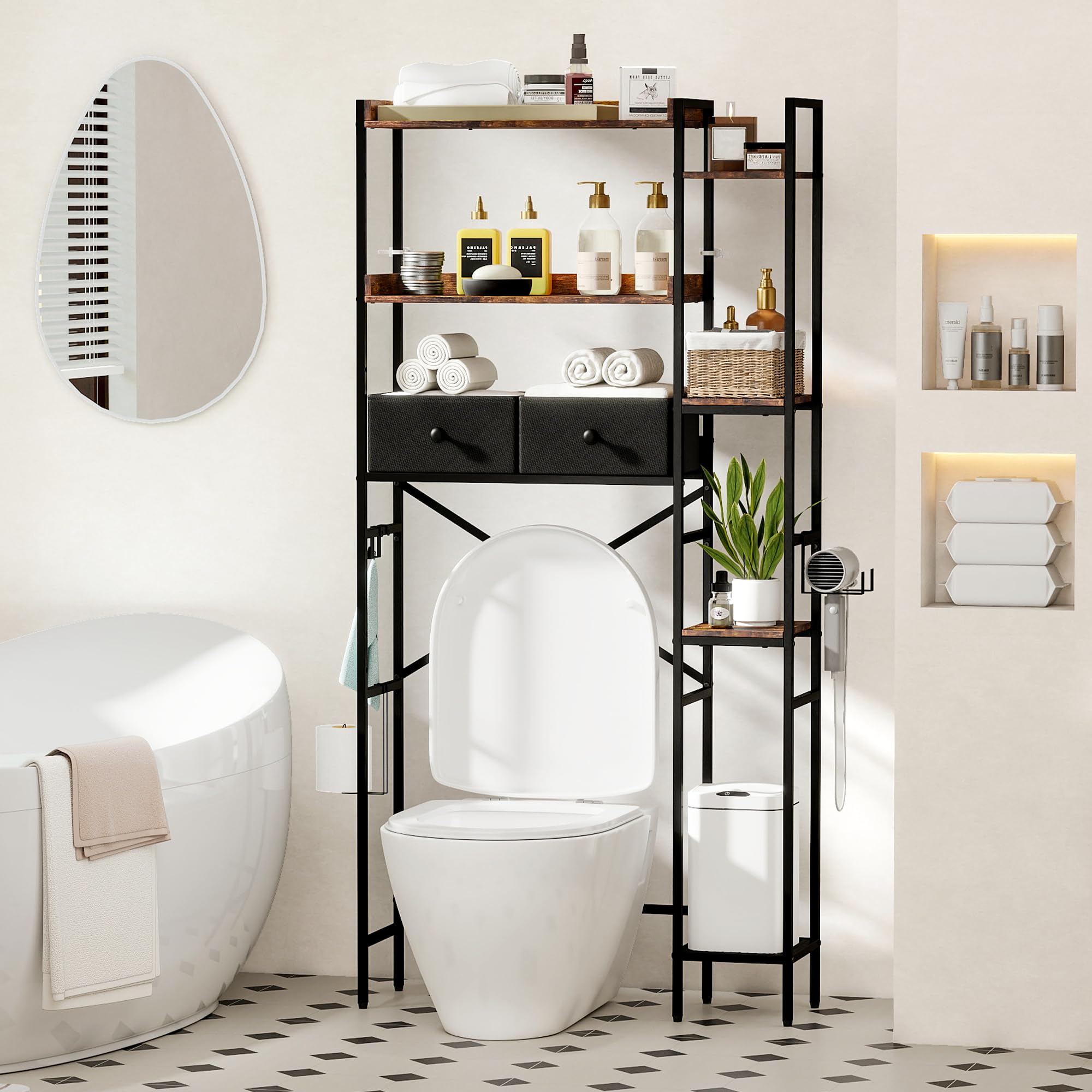 Socomf Over The Toilet Storage Shelf with Drawers, 7 Tier Above Toilet Bathroom Organizer Rack with Adjustable Shelves, Space Saver Stand Behind