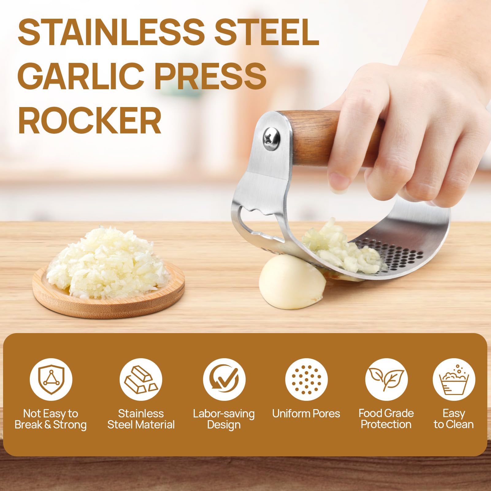 GlasFlength Garlic Crusher wyciskacz do czosnku ze stali nierdzewnej, do czosnku, łatwa do czyszczenia za pomocą małego pędzla