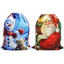 2 Pack Large Christmas Sacks, 19.7''x27.6'' Burlap Linen Gift Bags with Drawstring. Gentle Santa & Snowman Bear