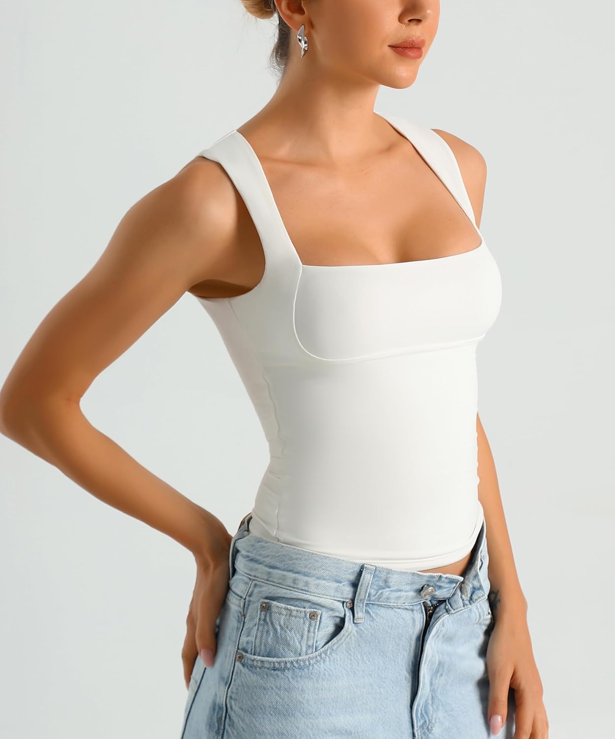 HOYAYO Women's Slim Fit Double-Layer Tank Top Square Neck Sleeveless Basic Fitted Tee Shirt - Image 5