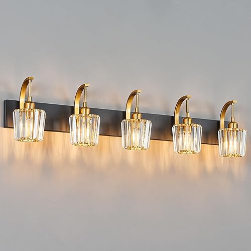 Miniatura 24 de Luces de tocador de cristal cromadas de 4 luces, modernas lámparas de baño de cristal sobre espejo de 32.67 pulgadas de largo para baño Cromo
