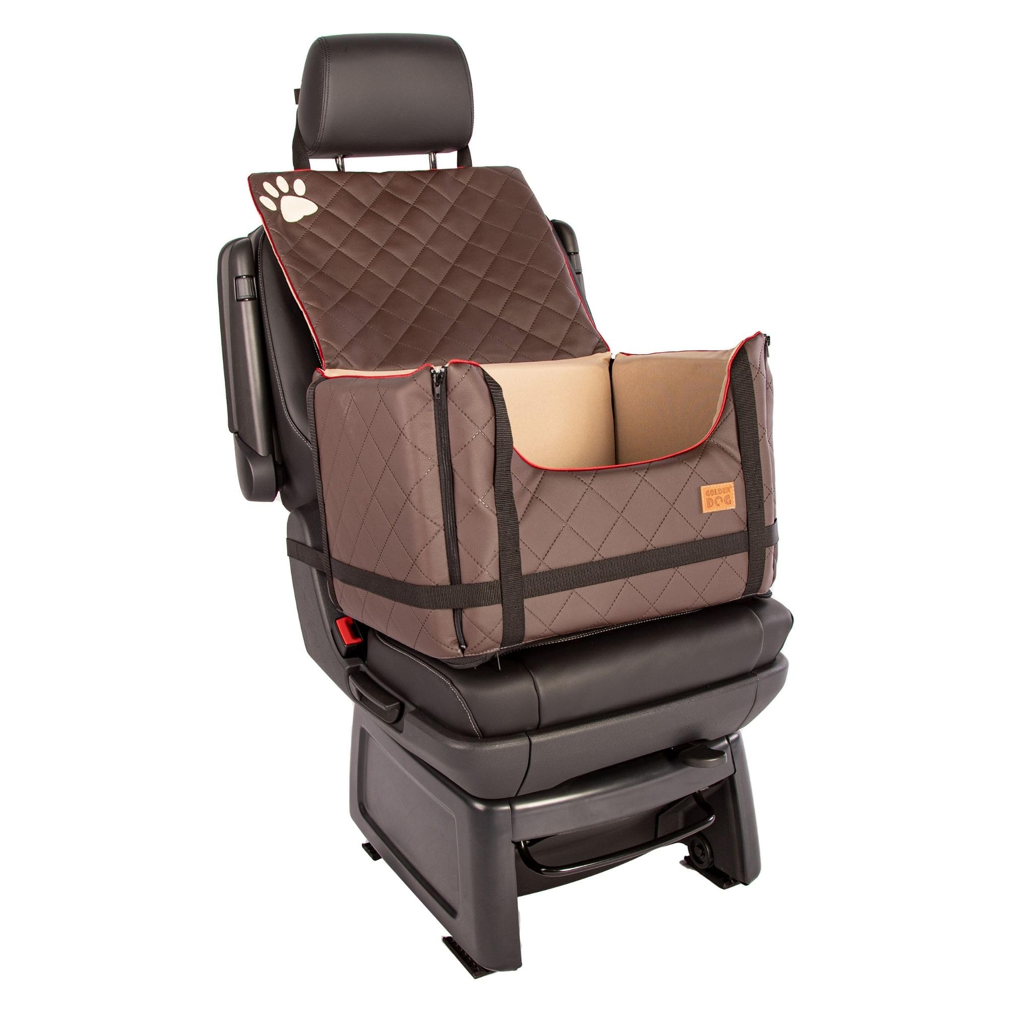 Golden Dog - Transportín para perro con cinturón de seguridad M-52 x 44 x 33 cm - Piel sintética para asiento de coche para perro, resistente al agua, asiento del copiloto, caja para perros, plegable,
