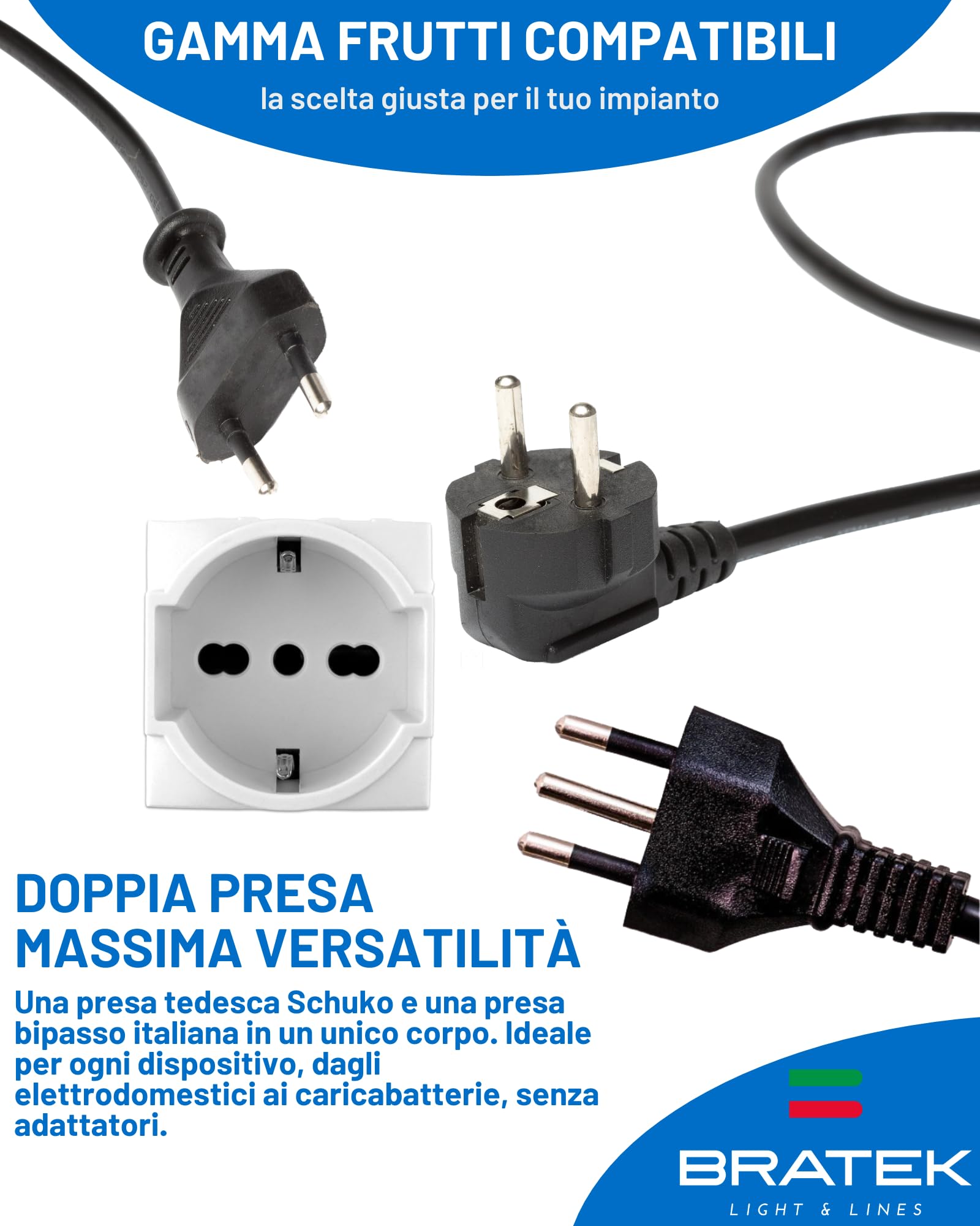 Bratek 2 Prese Schuko Compatibili Bticino Living Light e International 2P+T 10/16A - Presa Elettrica da Muro Tedesca + Bipasso Italiana Bianco per Supporti B Ticino Livinglight e Living International