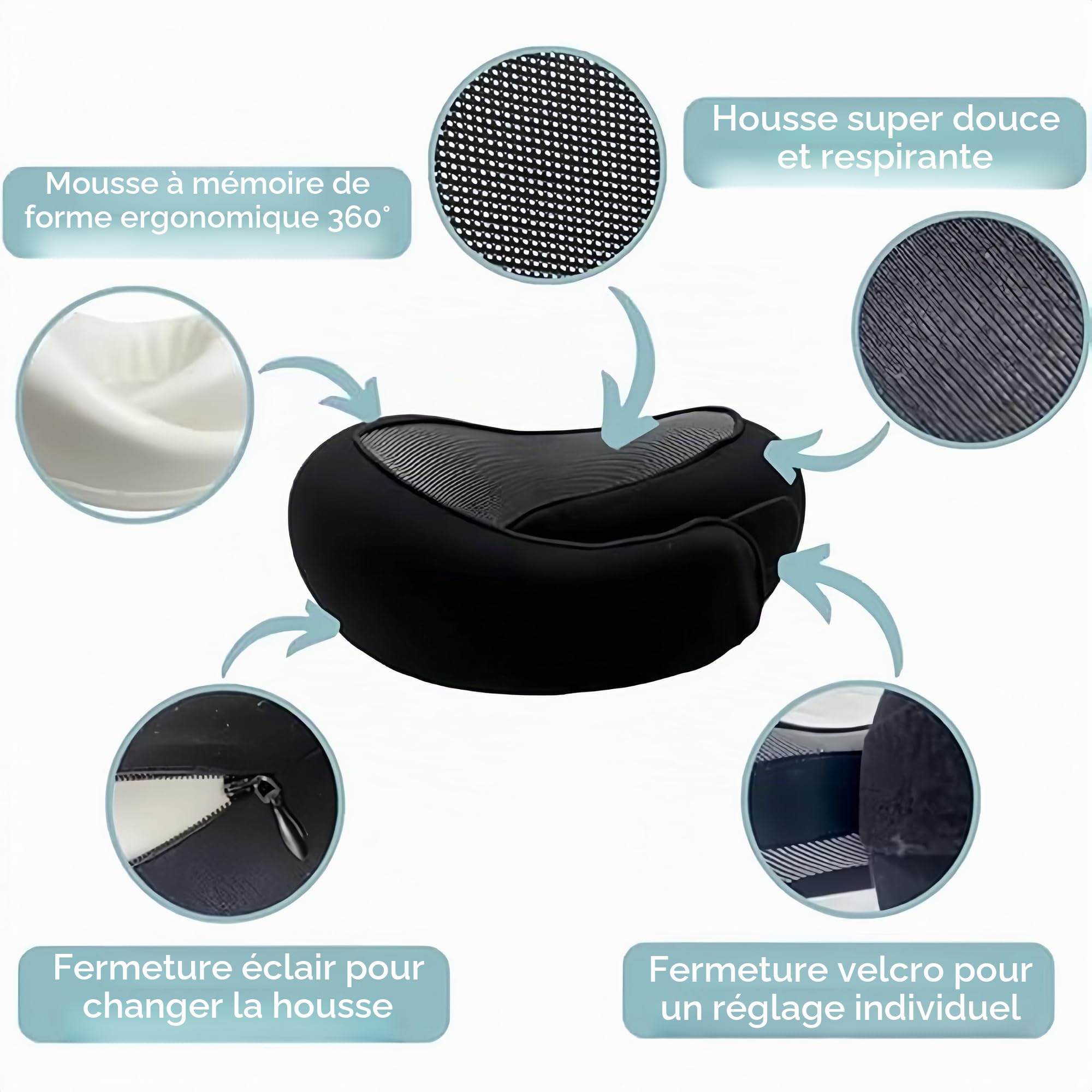 Nomadike Nomarest Oreiller de Voyage-Nappy Coussin de Voyage à 360° - avec Masque pour Les Yeux 3D et Bouchons d'oreilles - Ergonomique et Compressible - Gris 2