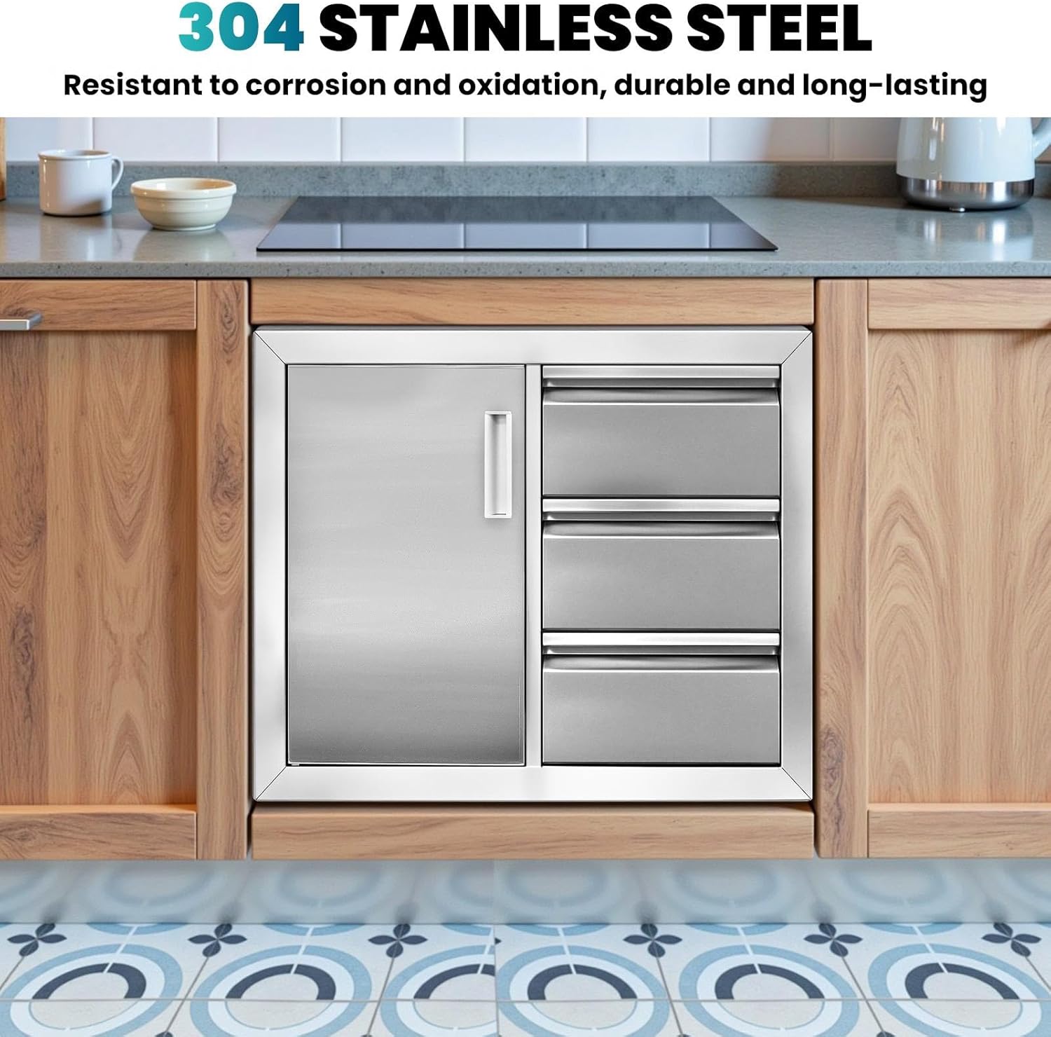 304 Stainless Steel Outdoor Kitchen Drawer Combo, Smudge-Proof Triple Storage Drawers with Reinforced Access Door, 28" W Built-in Cabinet for BBQ Island & Grilling Station (28" W x 22" H x 20" D)