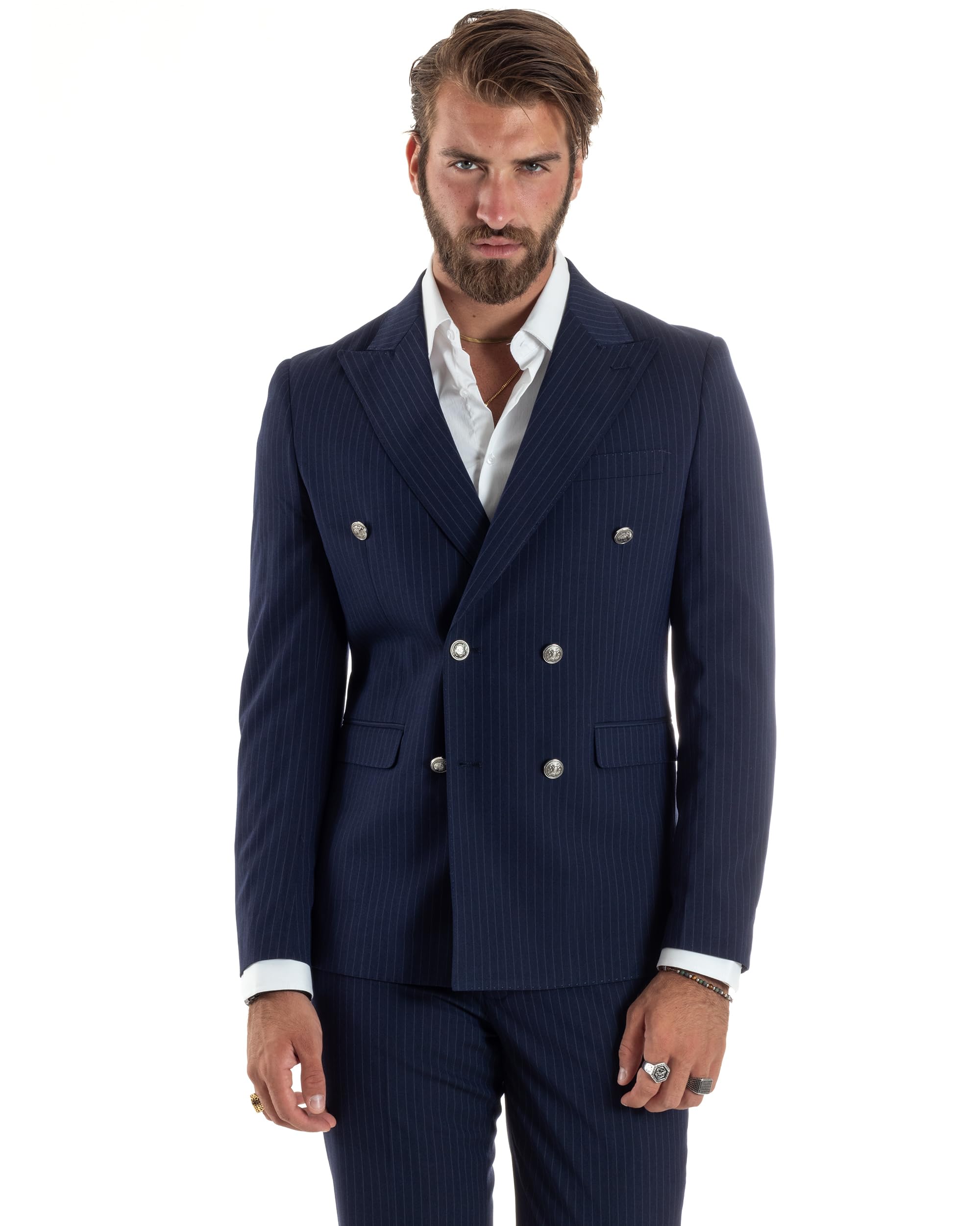 Abito Uomo Doppiopetto Vestito Completo Rigato Elegante Sartoriale Giacca Pantaloni Bottoni Metallo Fantasia Gessata Vari Colori