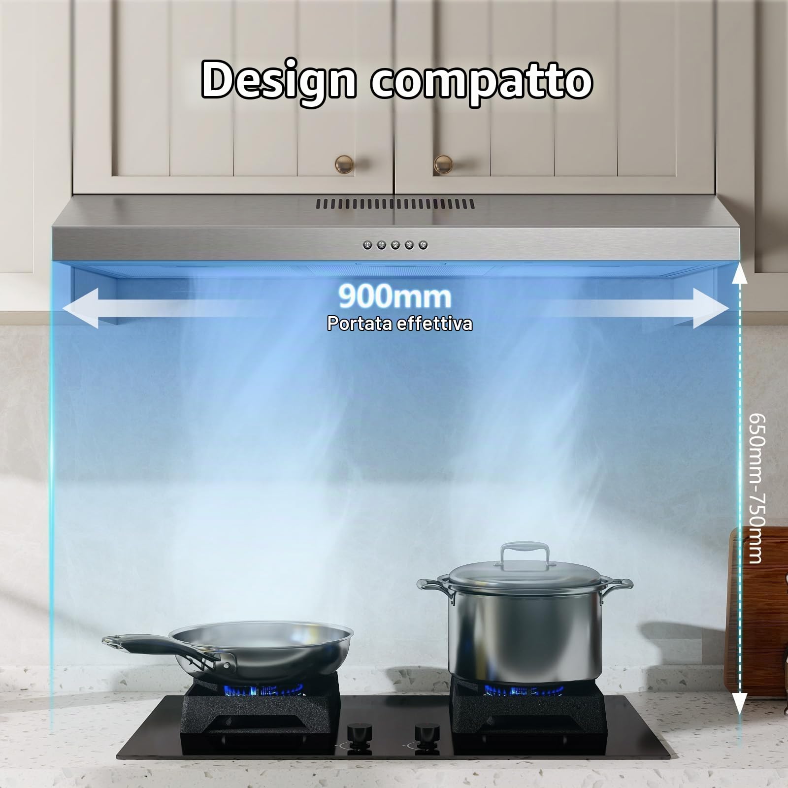 TopStrong Cappa aspirante da 90 cm, con illuminazione a LED, 201 m³/h, con filtro ai carboni attivi CF-D, classe energetica A, 3 livelli, acciaio inox, argento