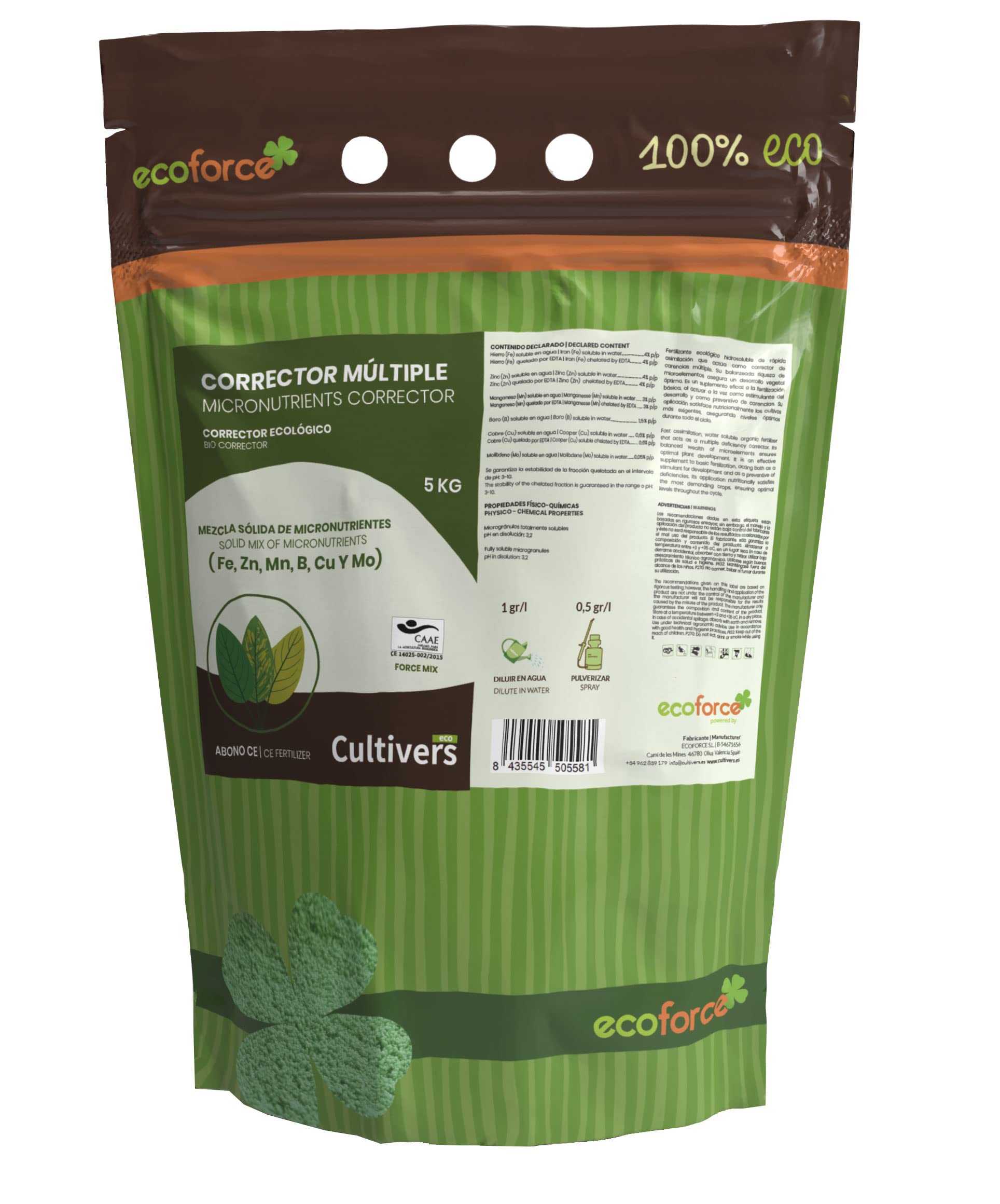 CULTIVERS Engrais Organique Correcteur de Carences Multiples 5 kg pour plantes. Fer, Manganèse, Bore, Cuivre, Molybdène complexés à l'EDTA. Engrais 100% naturel.