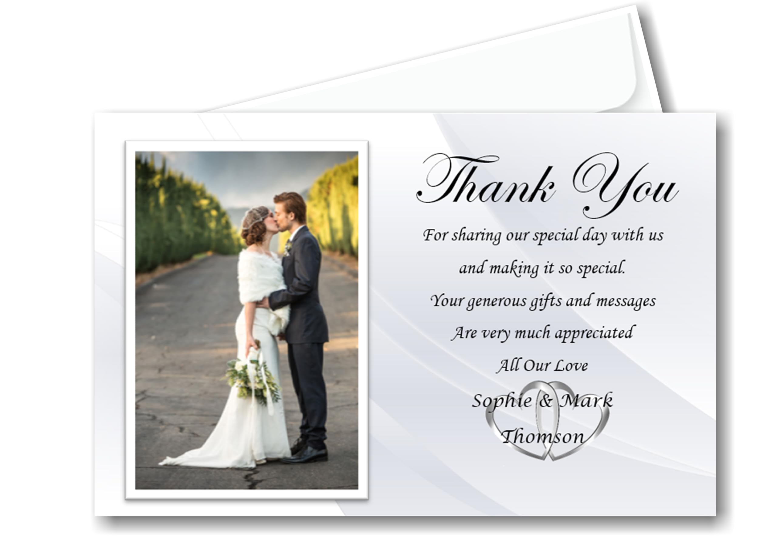 Personalised Wedding Day, Wedding Evening Thank You/Thankyou Cards Complete with self seal envelopes Ref W3 (40)