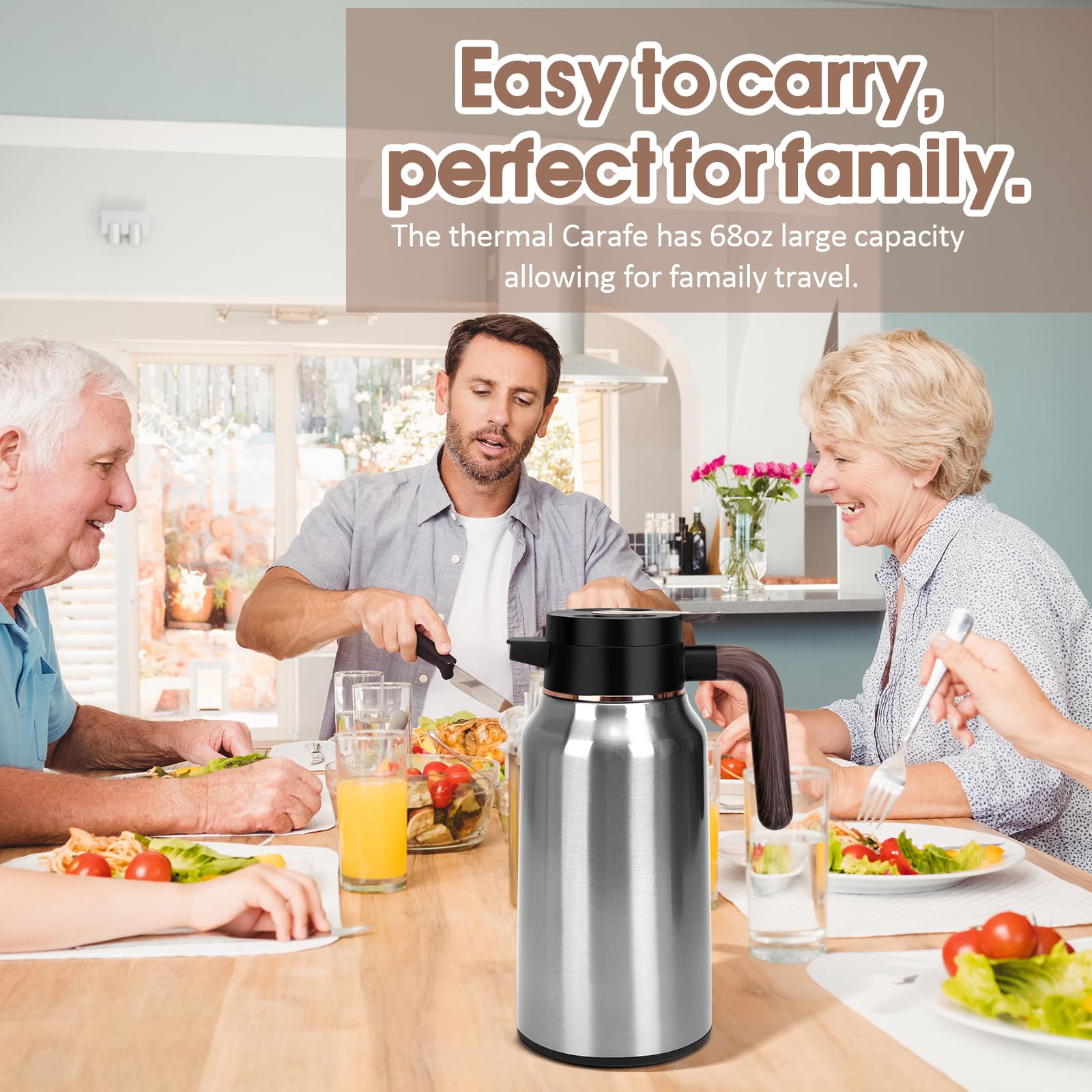Jarra térmica de café de 68 onzas, jarras de acero inoxidable para líquidos calientes 36 horas, jarras de café aisladas para mantener el café caliente, agua caliente, té, bebidas calientes (plata)
