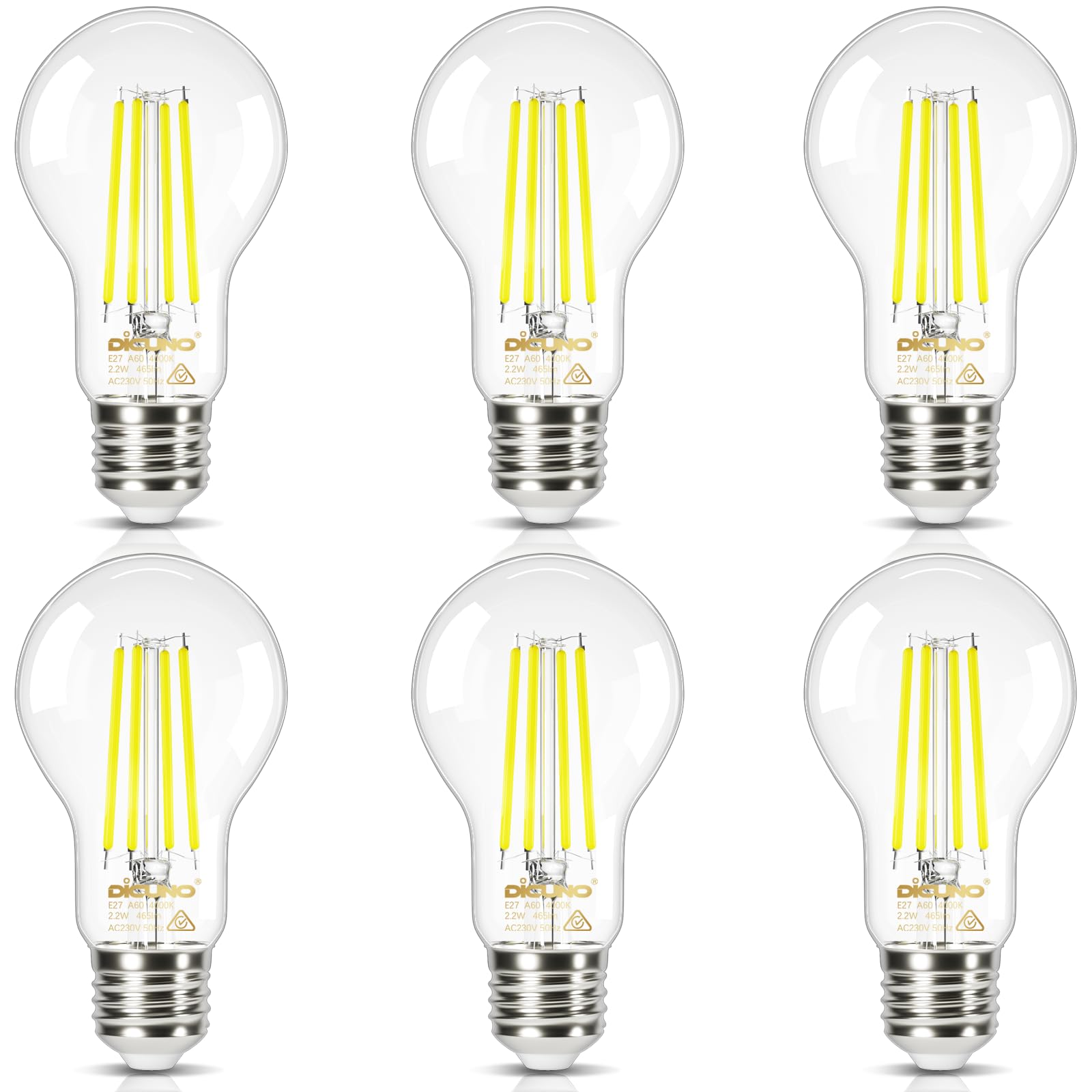 DiCUNO Edison LED Lampe E27, Energieeffizienzklasse A, Classic ultraeffiziente Birne 2,2W, Ersatz für 40W Glühbirne, A Label A60 LED Leuchtmittel Neutralweiß 4000K, 465lm, klare Glas, 6er Pack