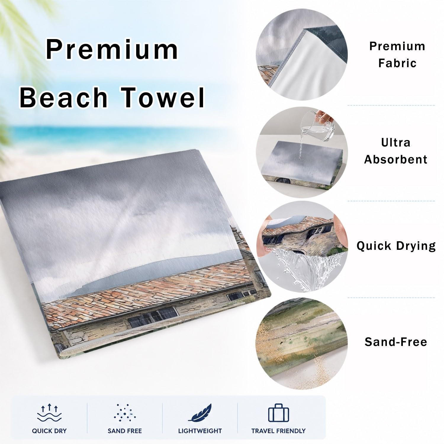 Serviette de Plage Microfibre 200 x 100 CM,Drap de Plage Classique, Doux, Élégant, Chat Tigr, Couverture de Plage Absorbante,Couverture de Bain Rayures, Fleurs, Feuilles Vertes, Architecture