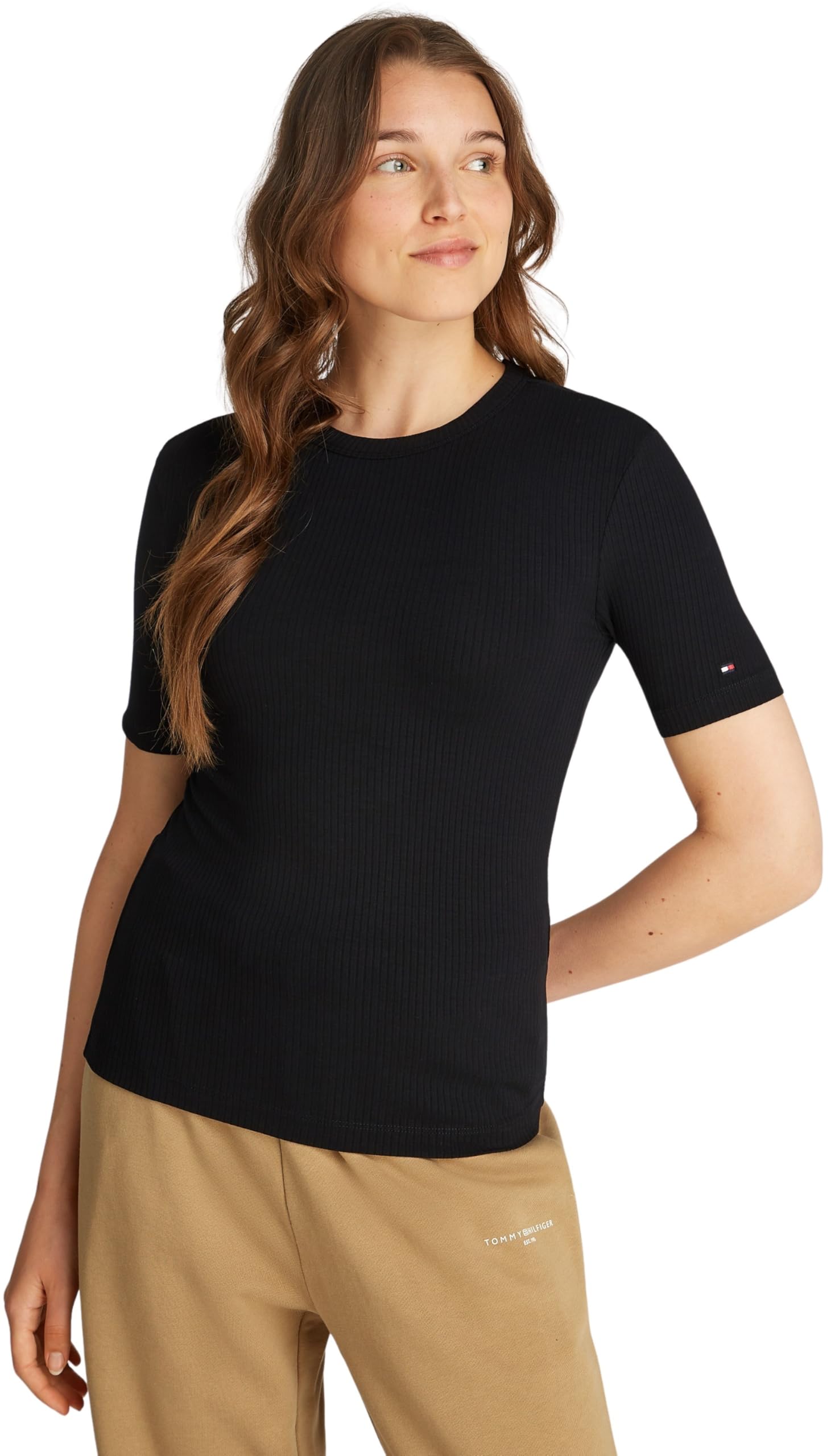 Tommy Hilfiger Women’s Short Sleeve Ribbed Round Neck T-Shirt, Black (Black), XL