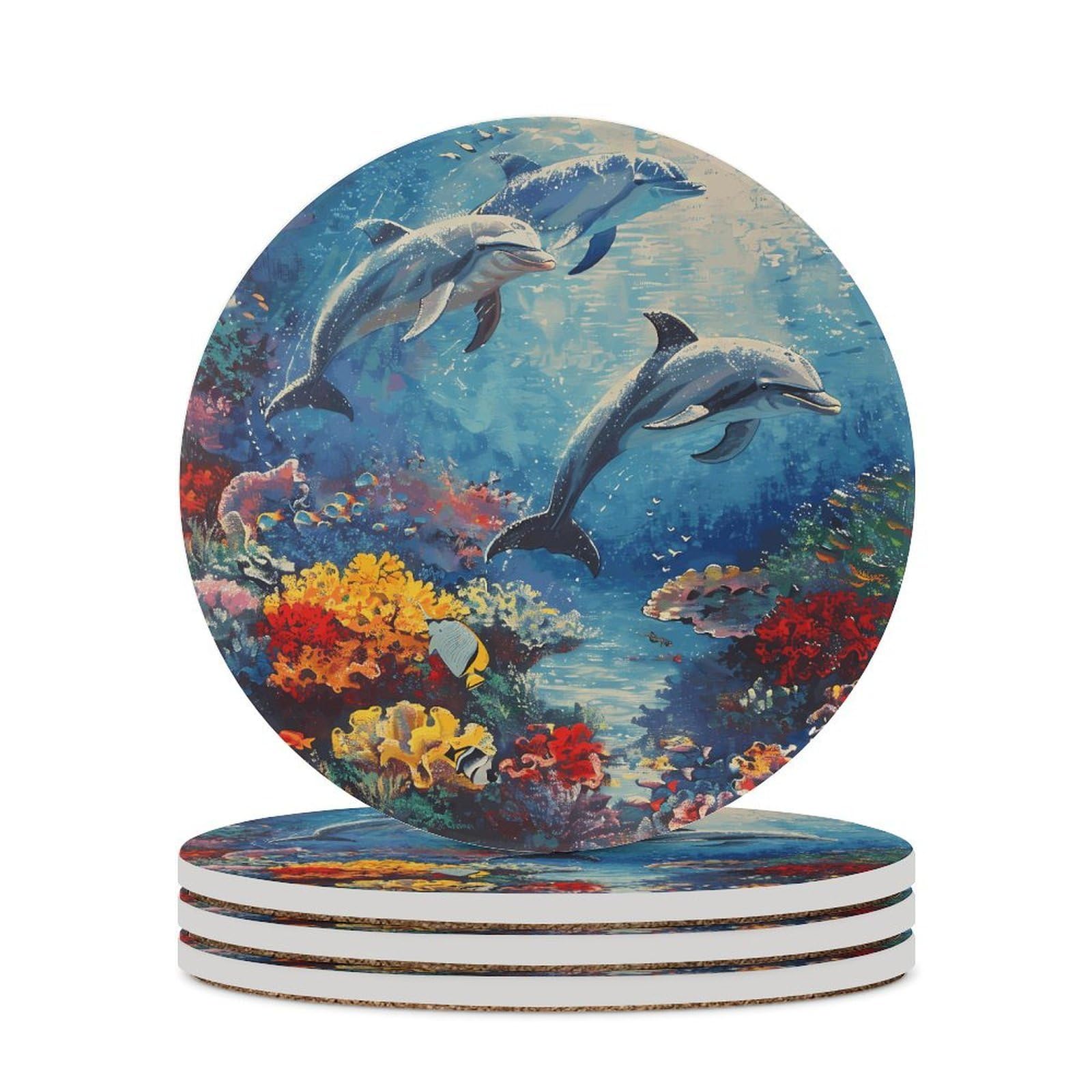Seabed Coral Fish Dolphins Coaster with Cork Base Drink Coasters for Coffee Table Decor Modern Cup Coasters with Non-Slip & Heat-Resistant Cute Ceramic Table Coaster for Home Dining
