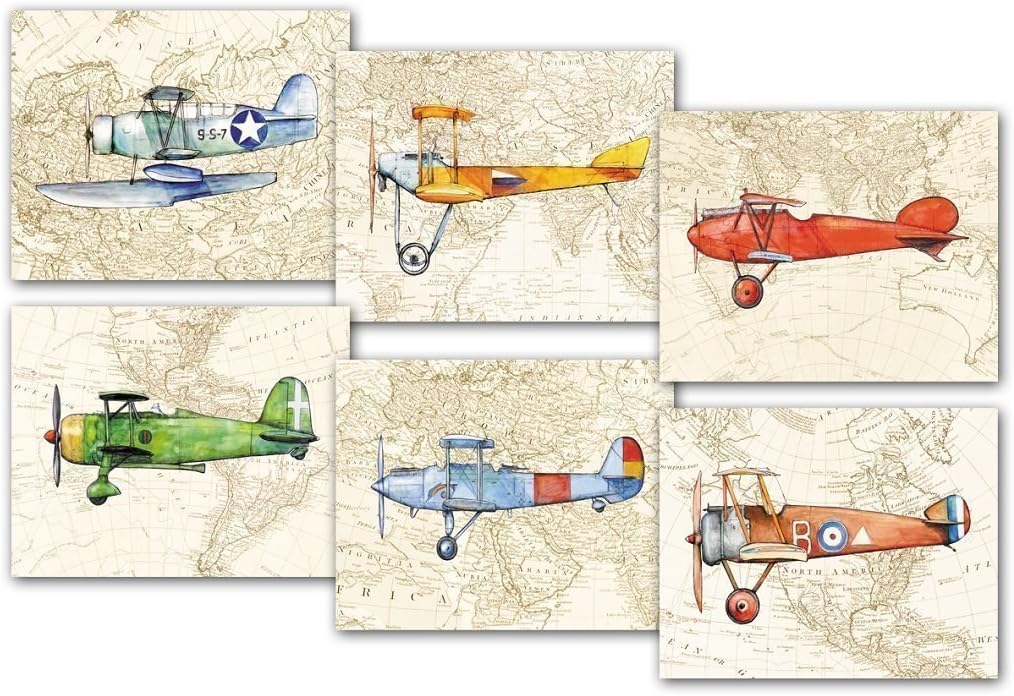 Airplane Decor World Map Set 6 Prints Aviation theme Nursery Art