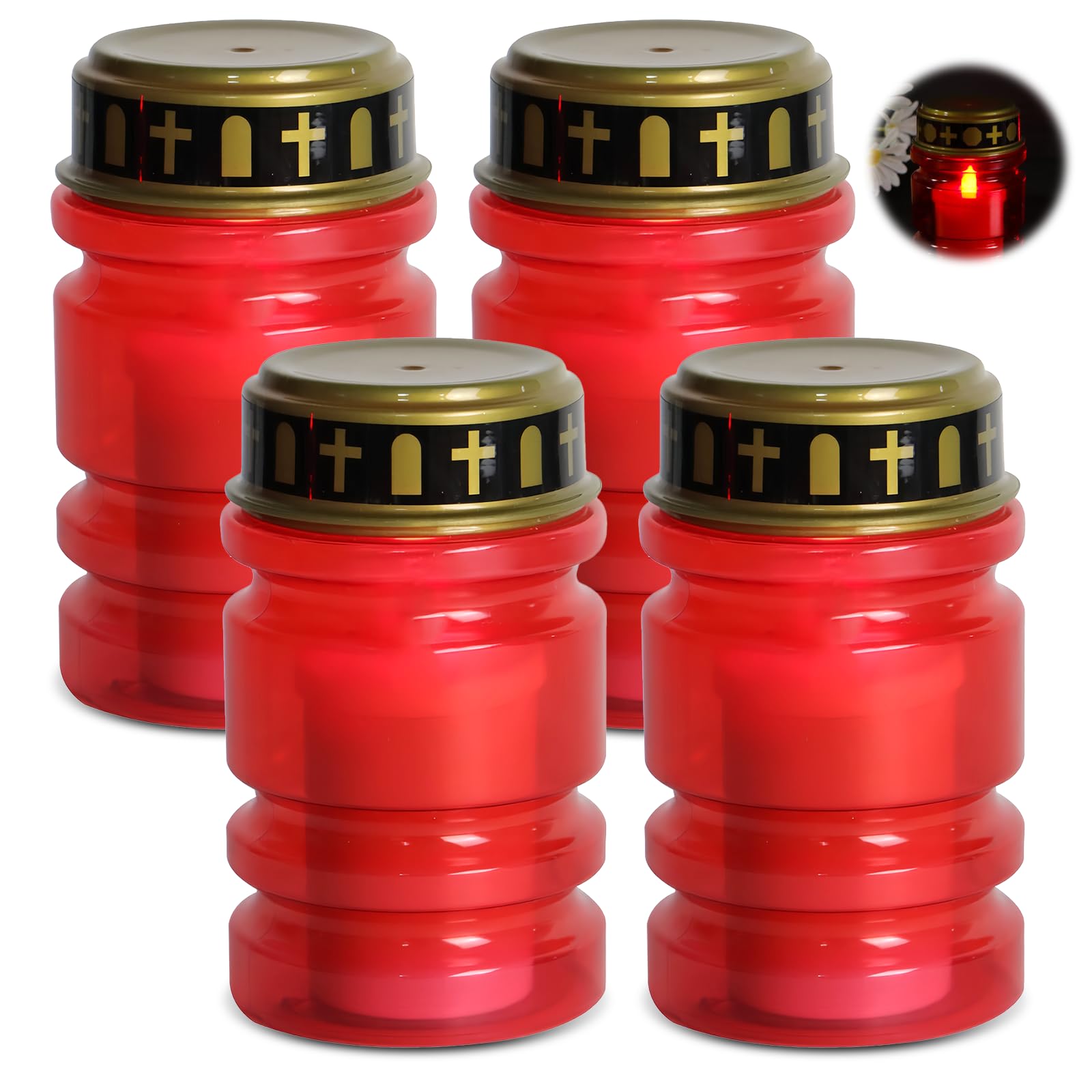 Wiyety Led Grave Candle Red Flickering, Pack Of 4, Ip44 Waterproof, Battery Operated, Cemetery Candle, Grave Lantern, Grave Lamp