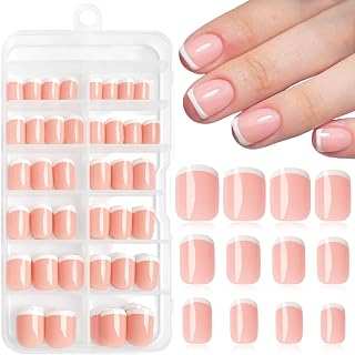 216PC White French Tip Press on Nails Short Fake Nails Press ons with 10*Adhesive Tabs, Pink Almond Acrylic Nails Press on Nails French Tip Nails False Artificial Fingernails Stick on Nails